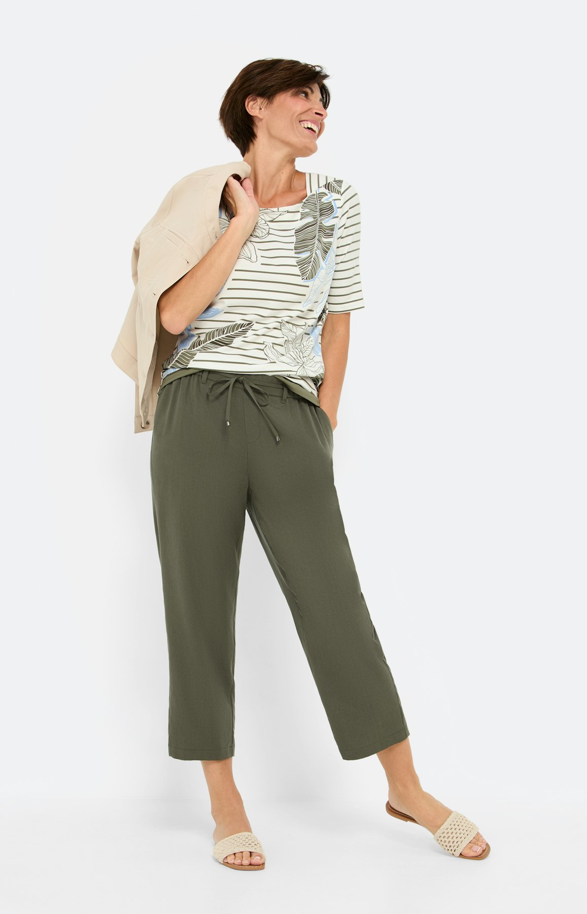 Strepen t-shirt met bladeren, khaki