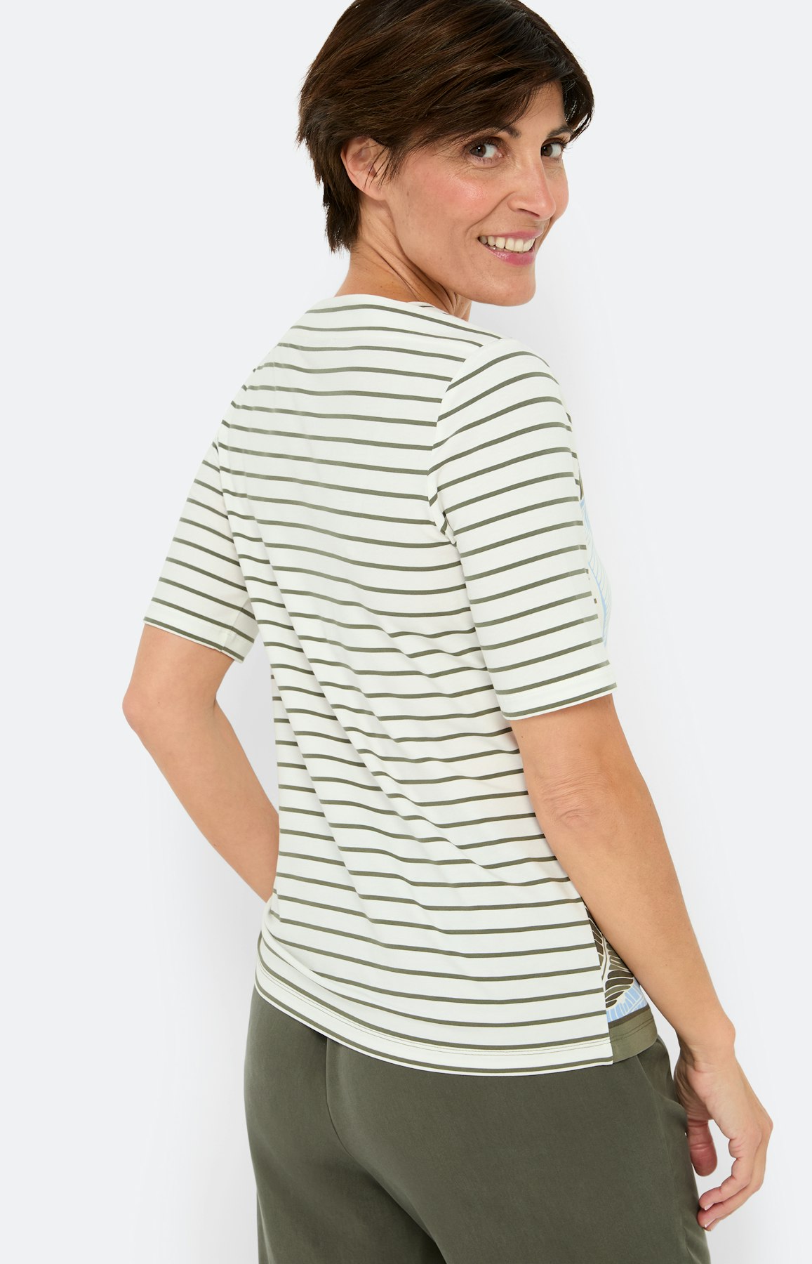 Strepen t-shirt met bladeren, khaki