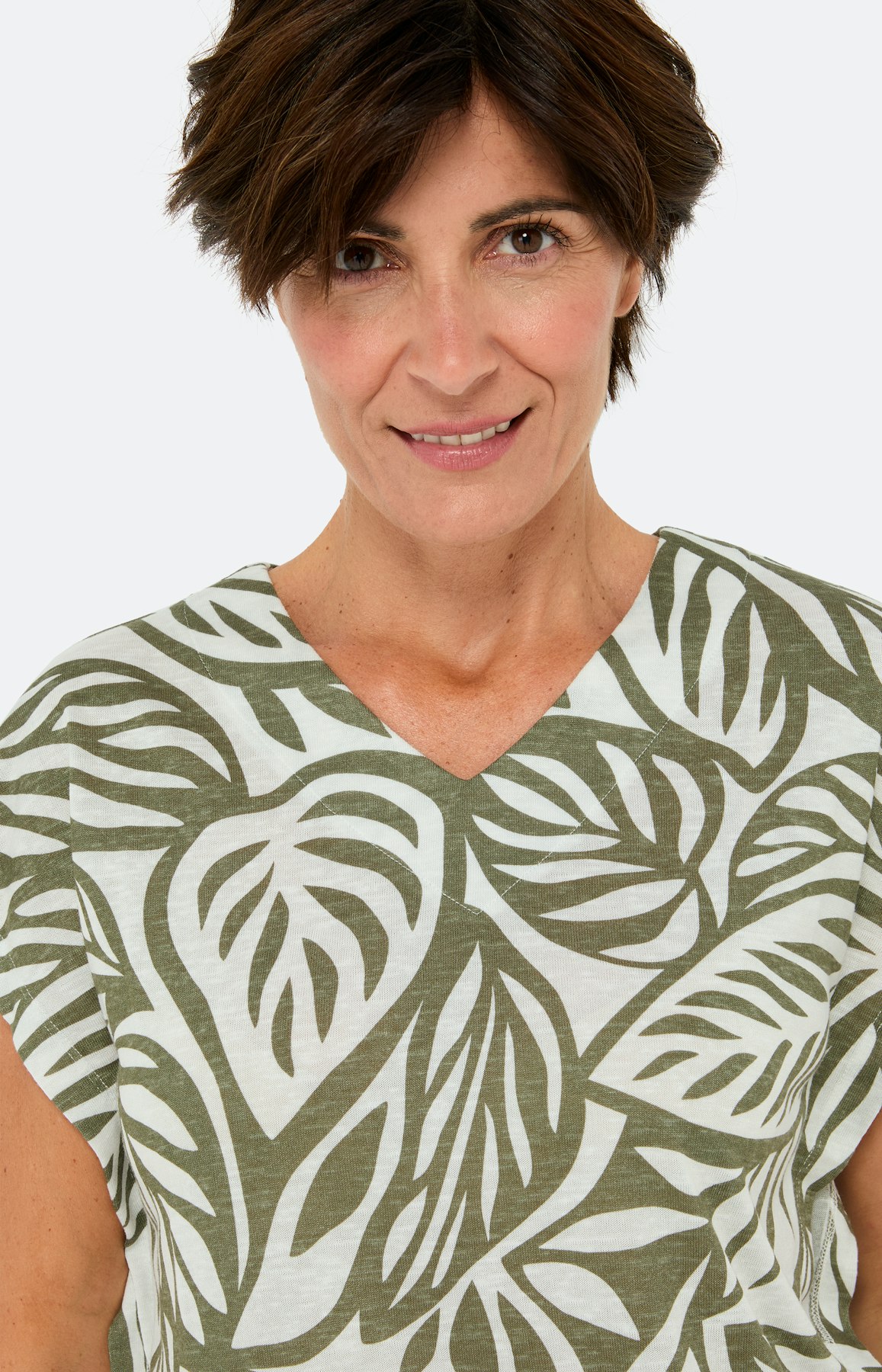 T-Shirt mit Blätterprint, khaki weiß