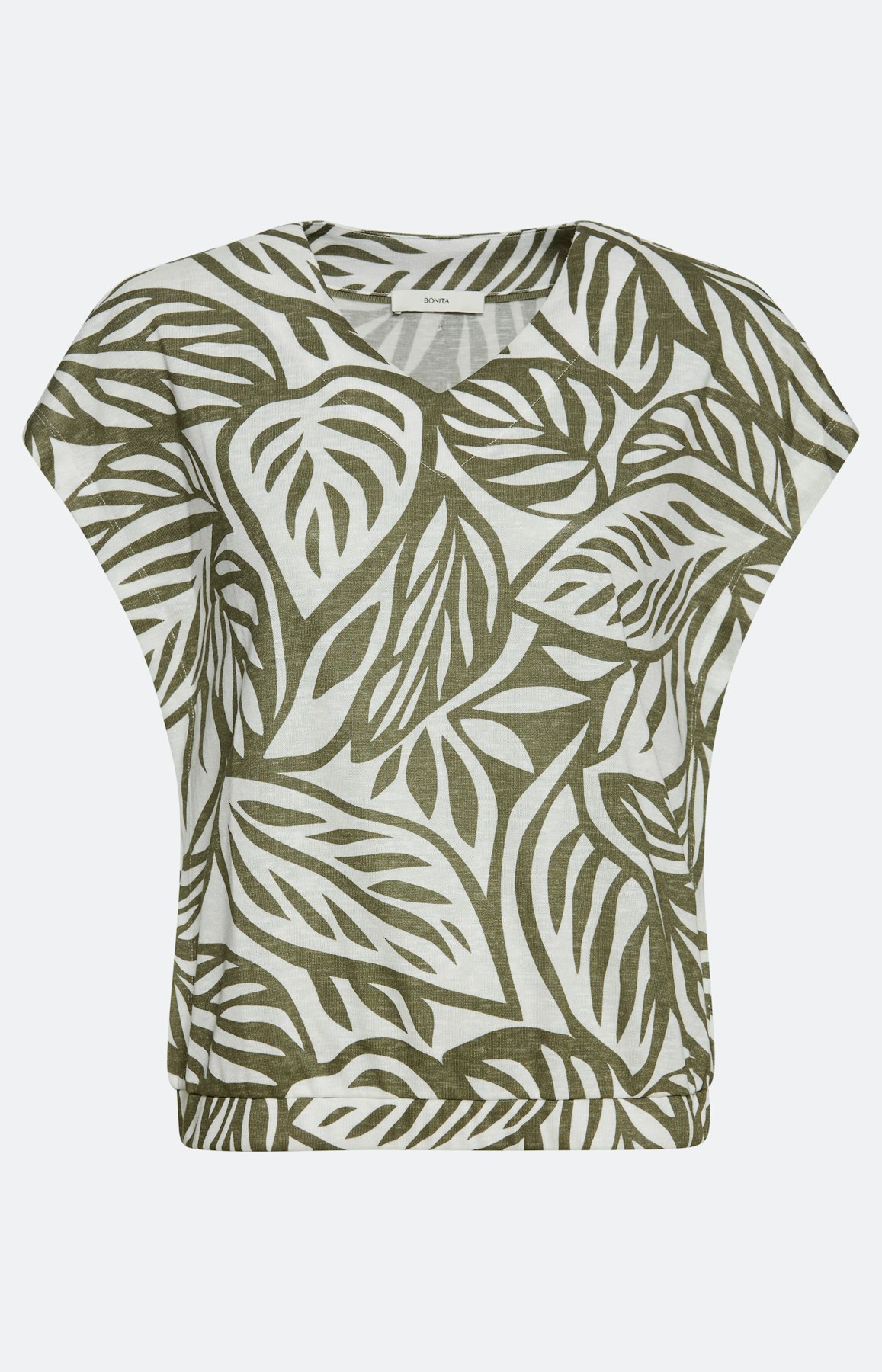 T-Shirt mit Blätterprint, khaki weiß