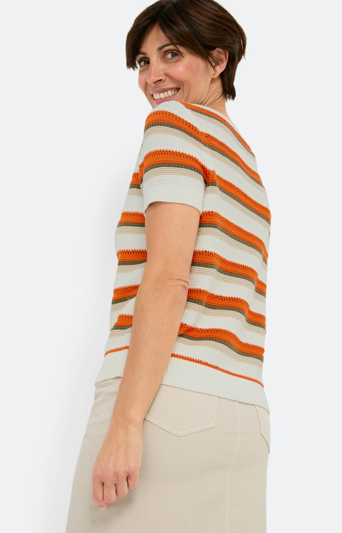 Ajour streepen trui, oranje wit