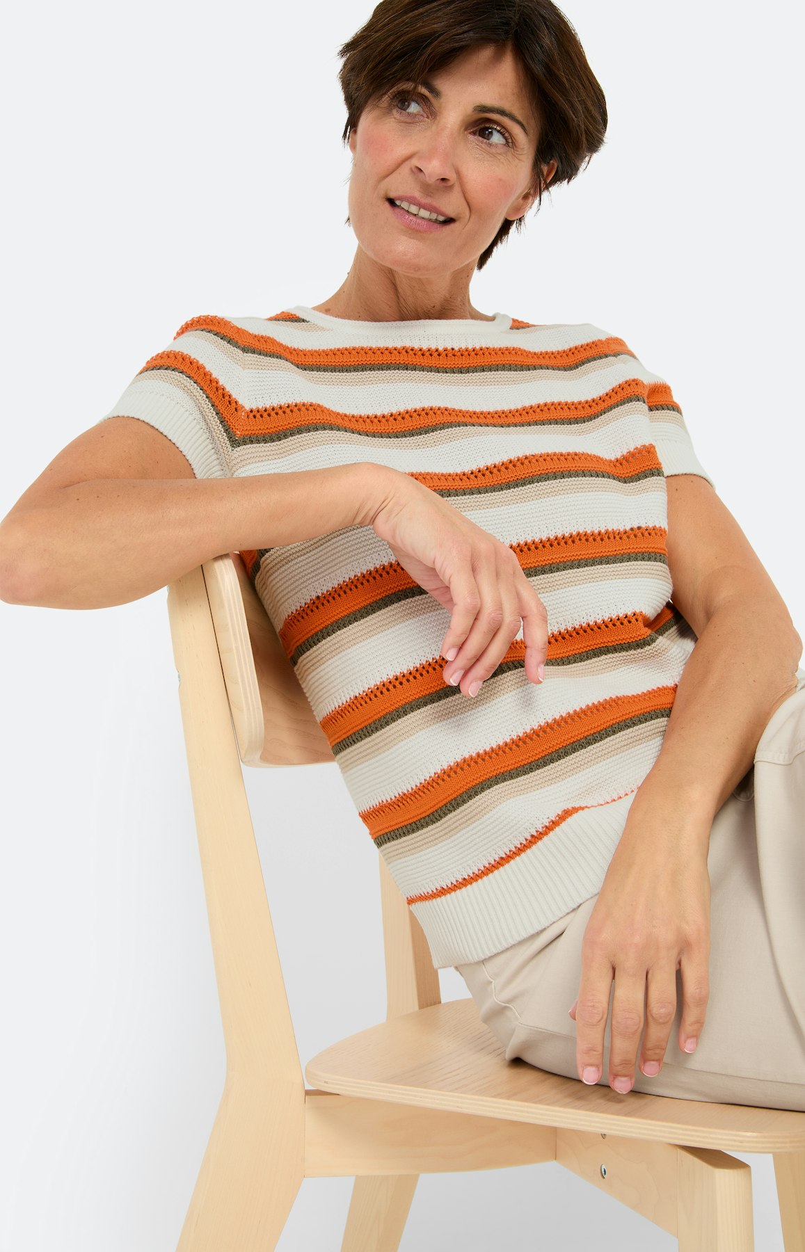 Ajour streepen trui, oranje wit