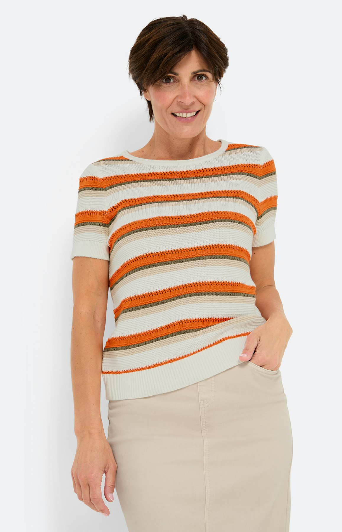 Ajour streepen trui, oranje wit