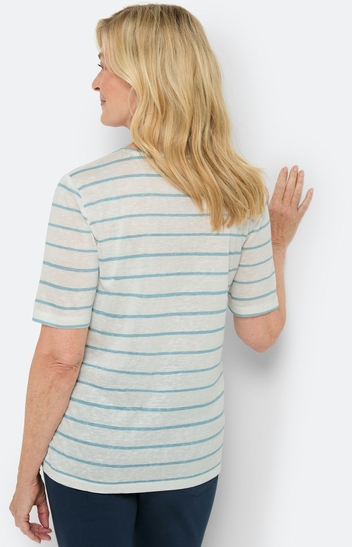 Strepen t-shirt met bloemen, wit blauw