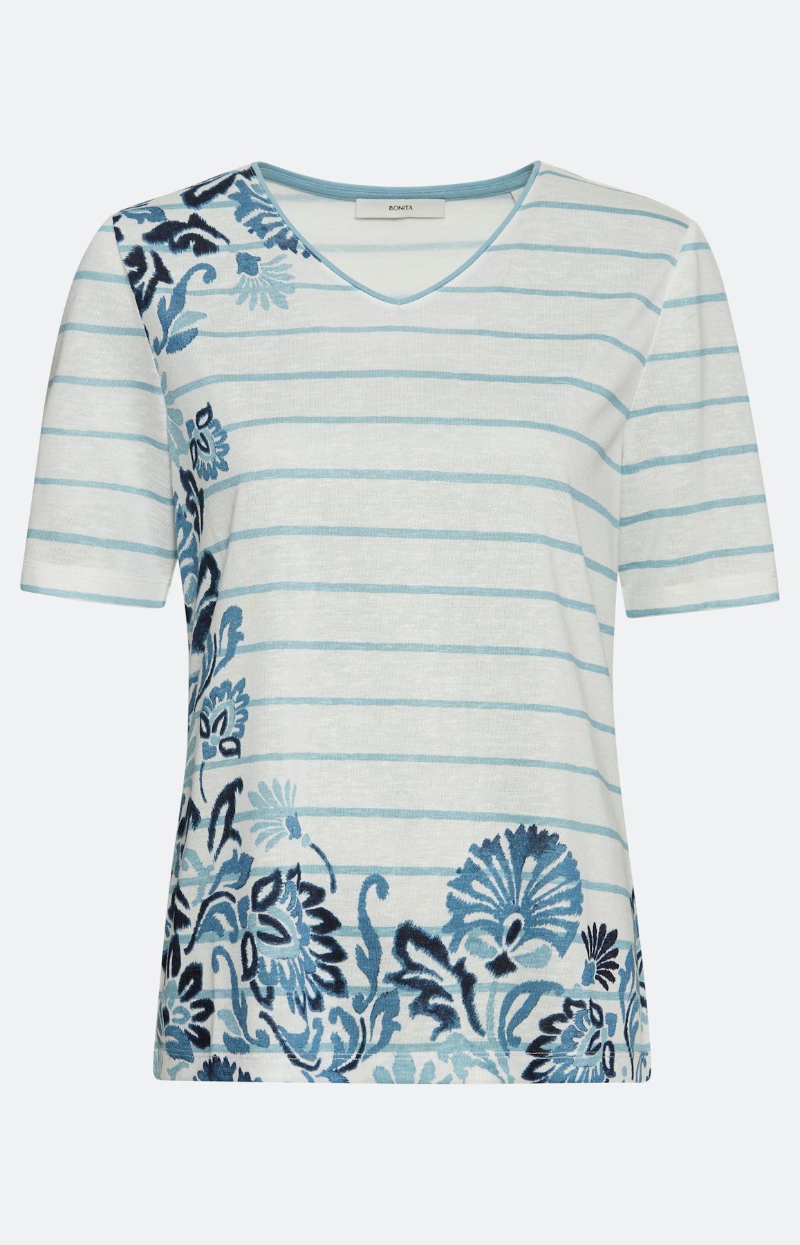 Strepen t-shirt met bloemen, wit blauw