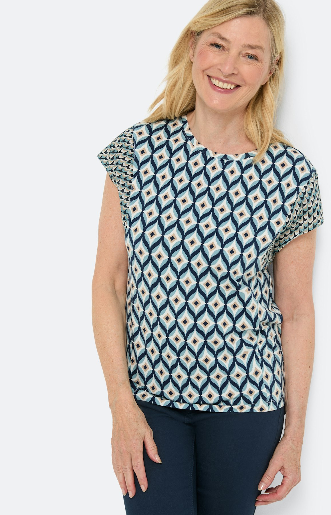 T-shirt in materialenmix, blauw