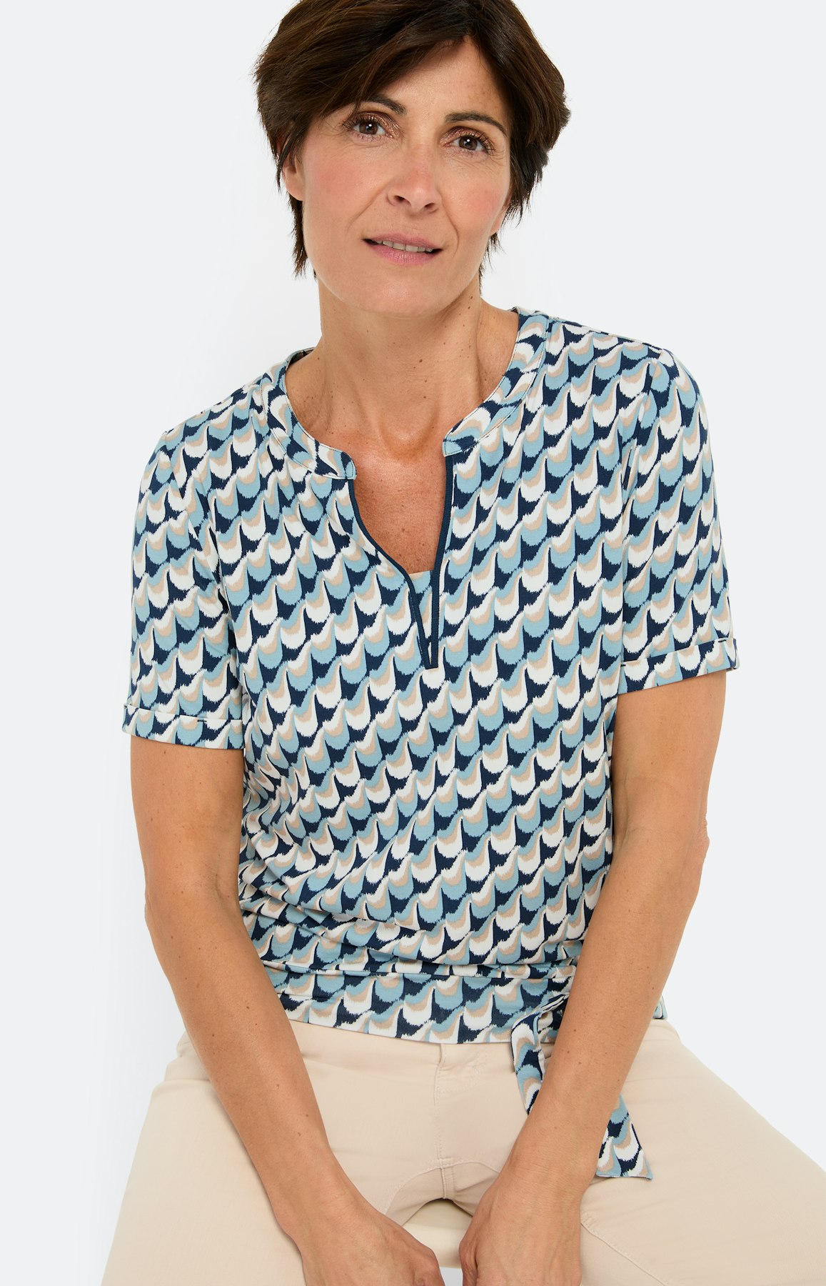 T-shirt met knoopdetail, blauw patroon