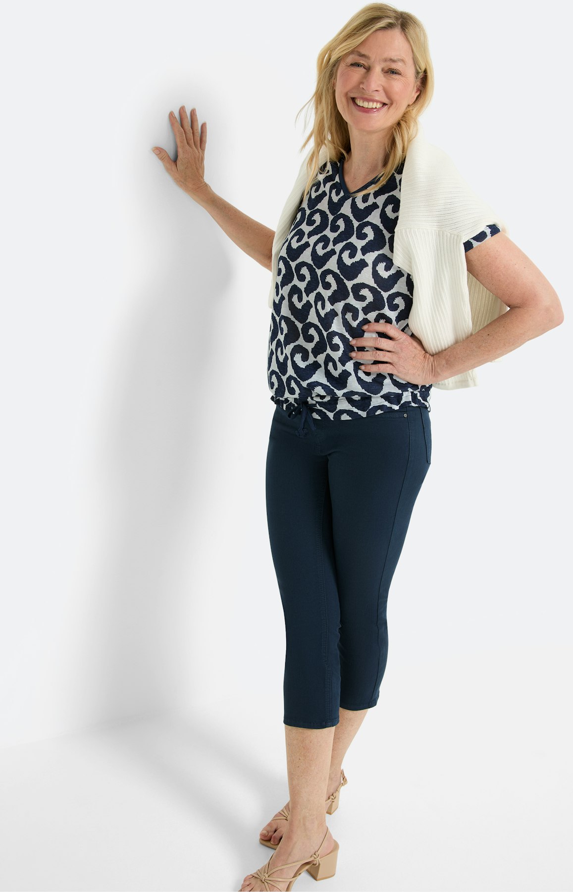 T-shirt met print, blauw beige