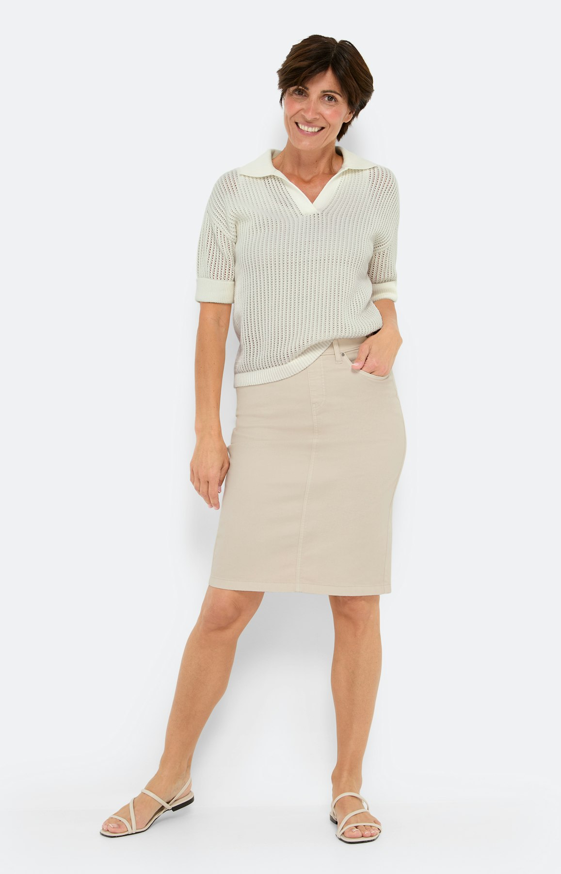 Knielange jeansrok met splitje, beige