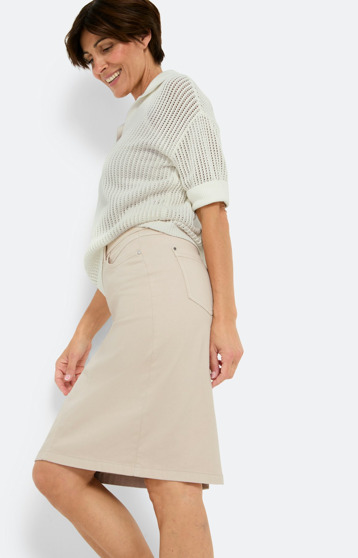 Knielange jeansrok met splitje, beige