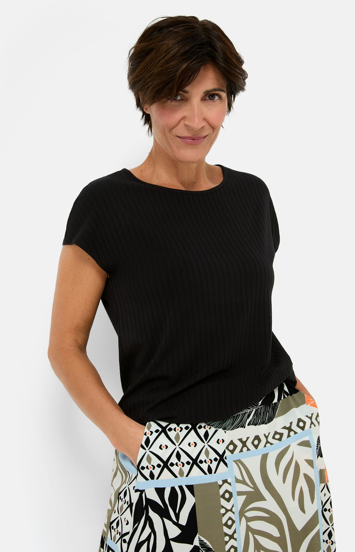 Ribtricot t-shirt, uni zwart