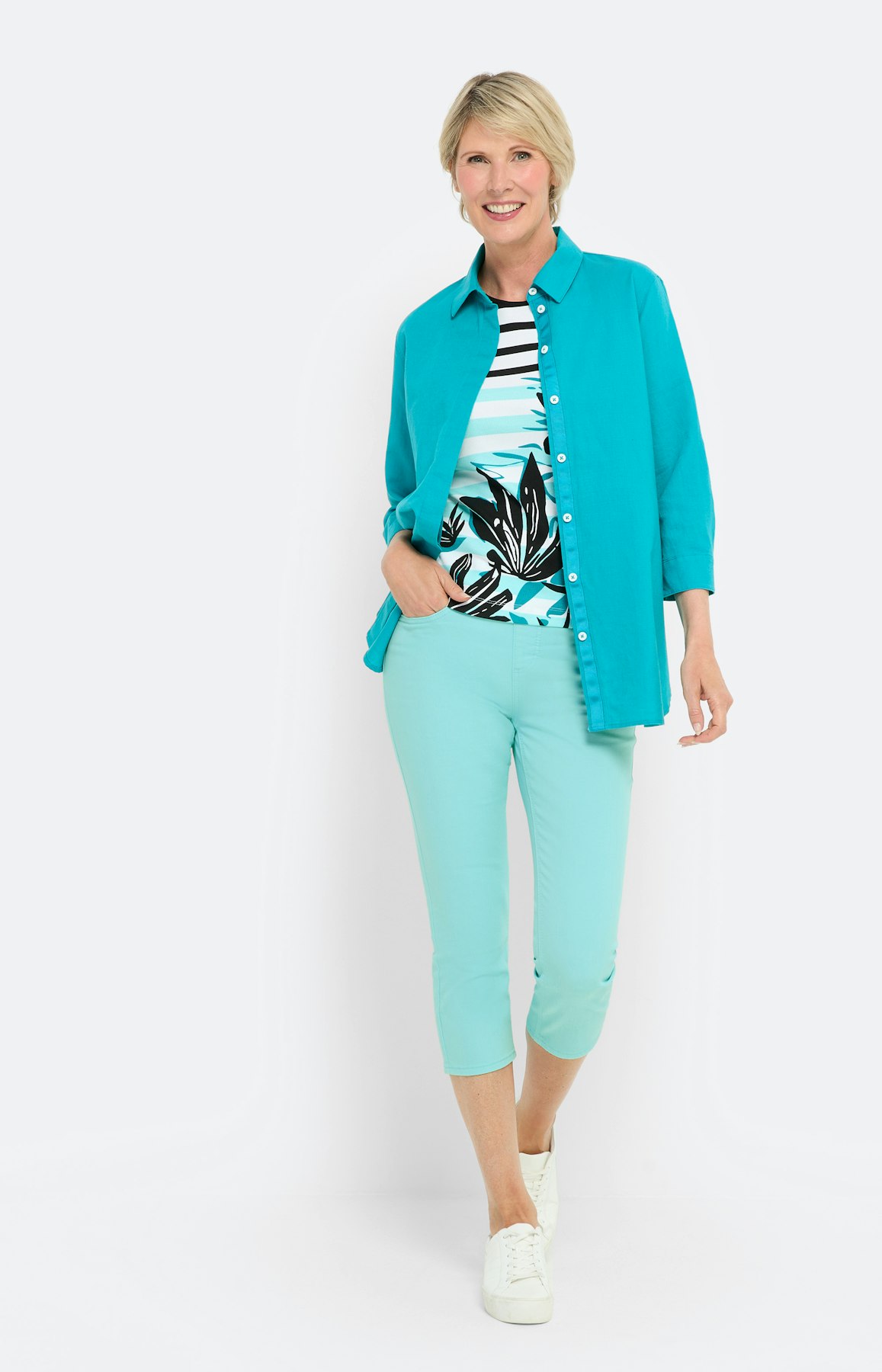 Gestreepte top met bloemen print, aqua