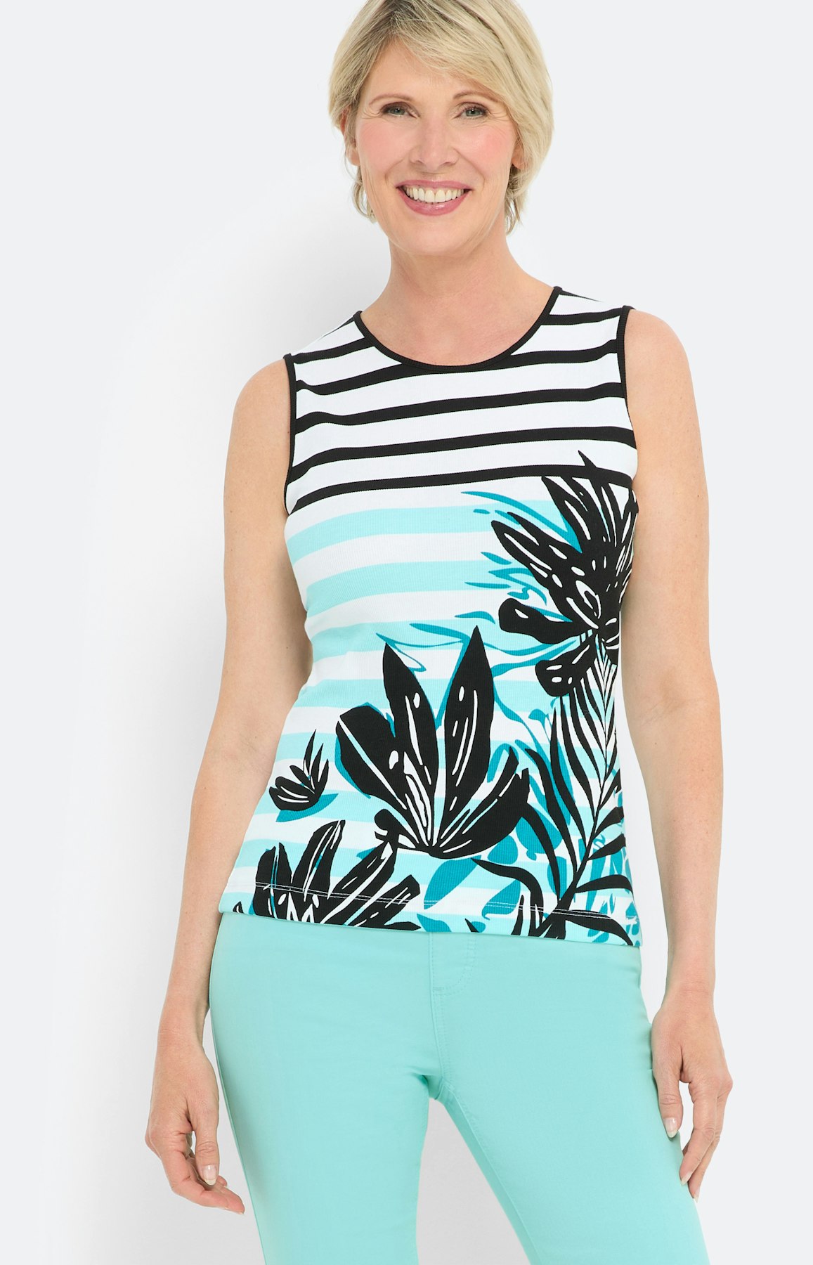Gestreepte top met bloemen print, aqua