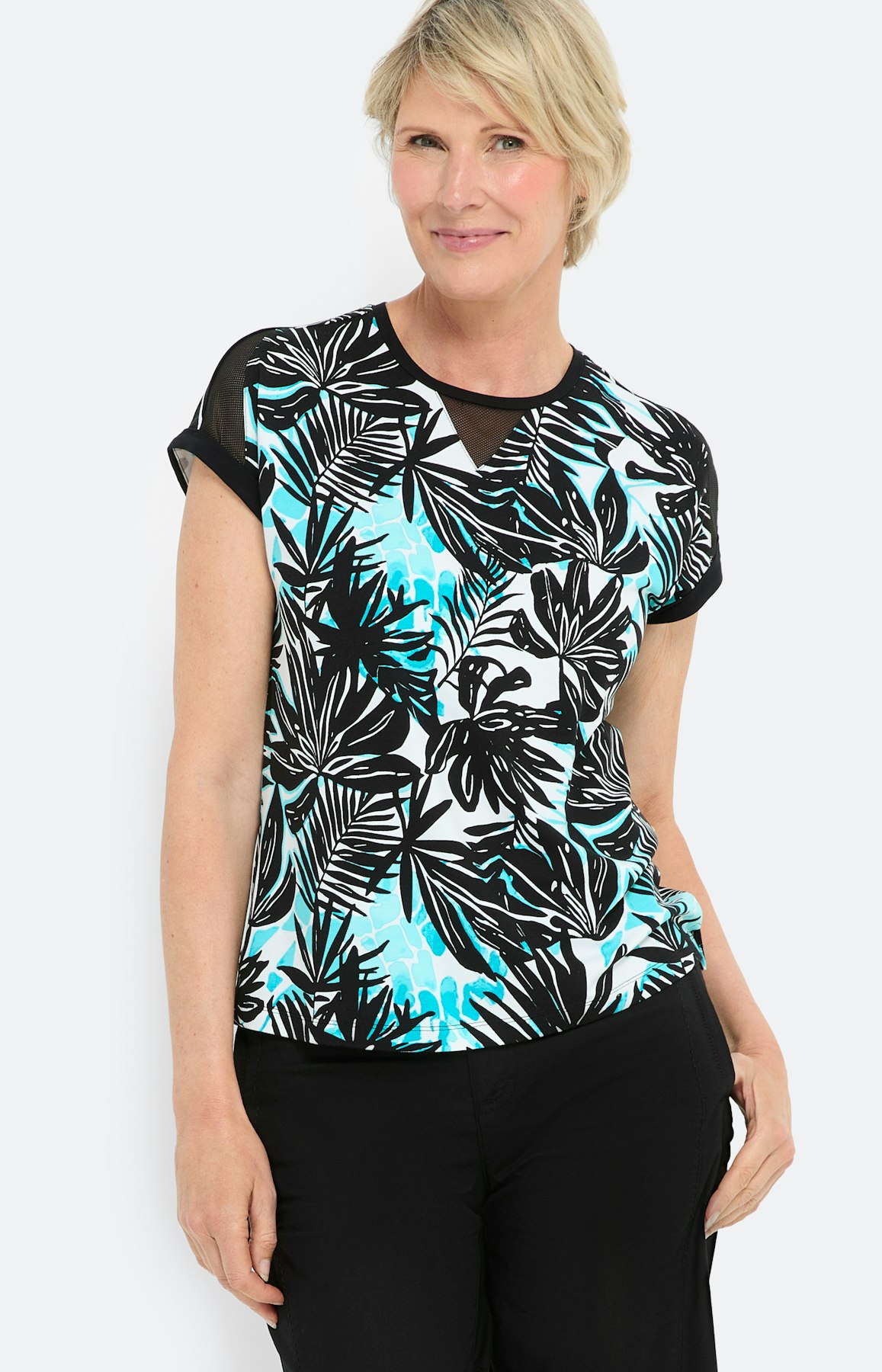 T-shirt met bladeren print, aqua zwart