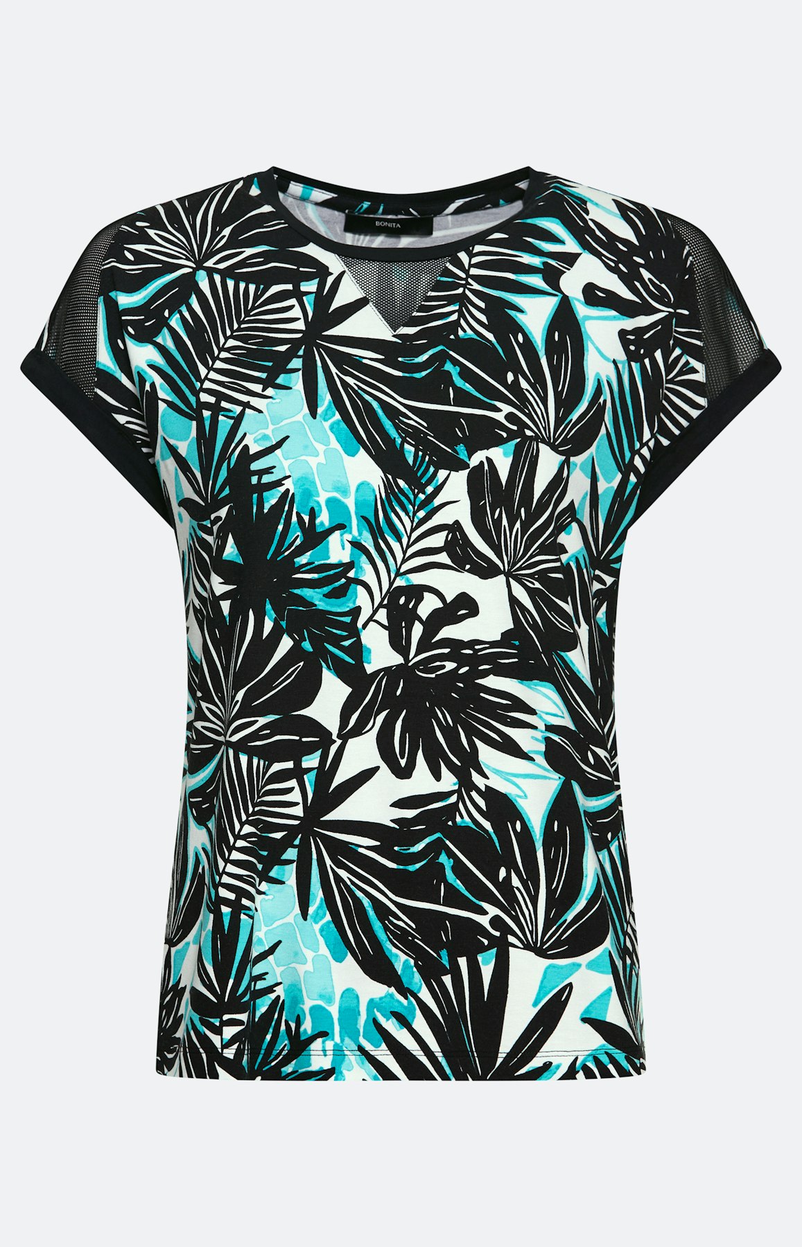 T-shirt met bladeren print, aqua zwart