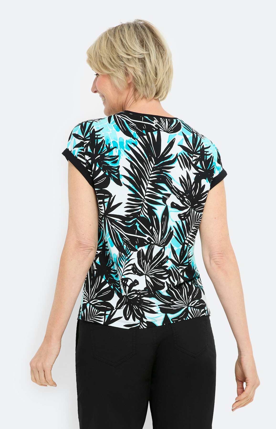 T-shirt met bladeren print, aqua zwart