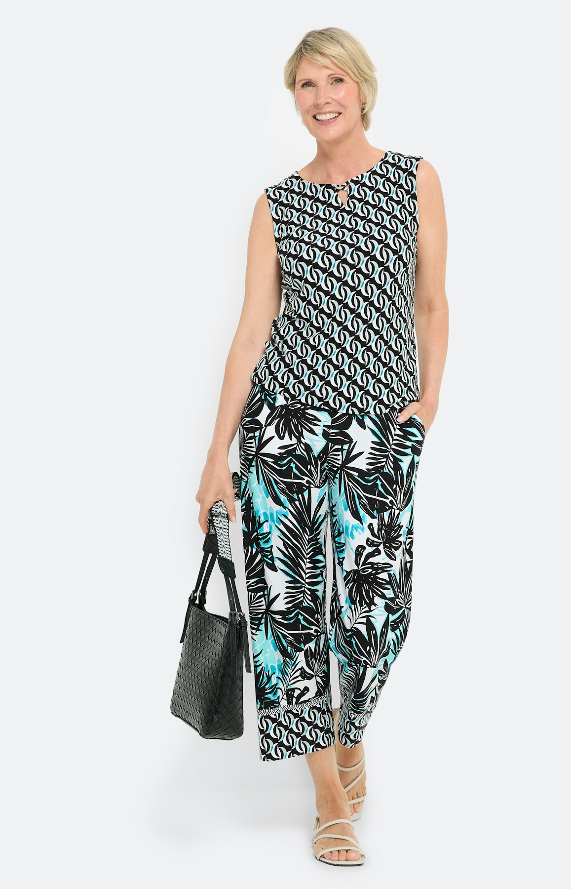Zomerse top met print, aqua zwart