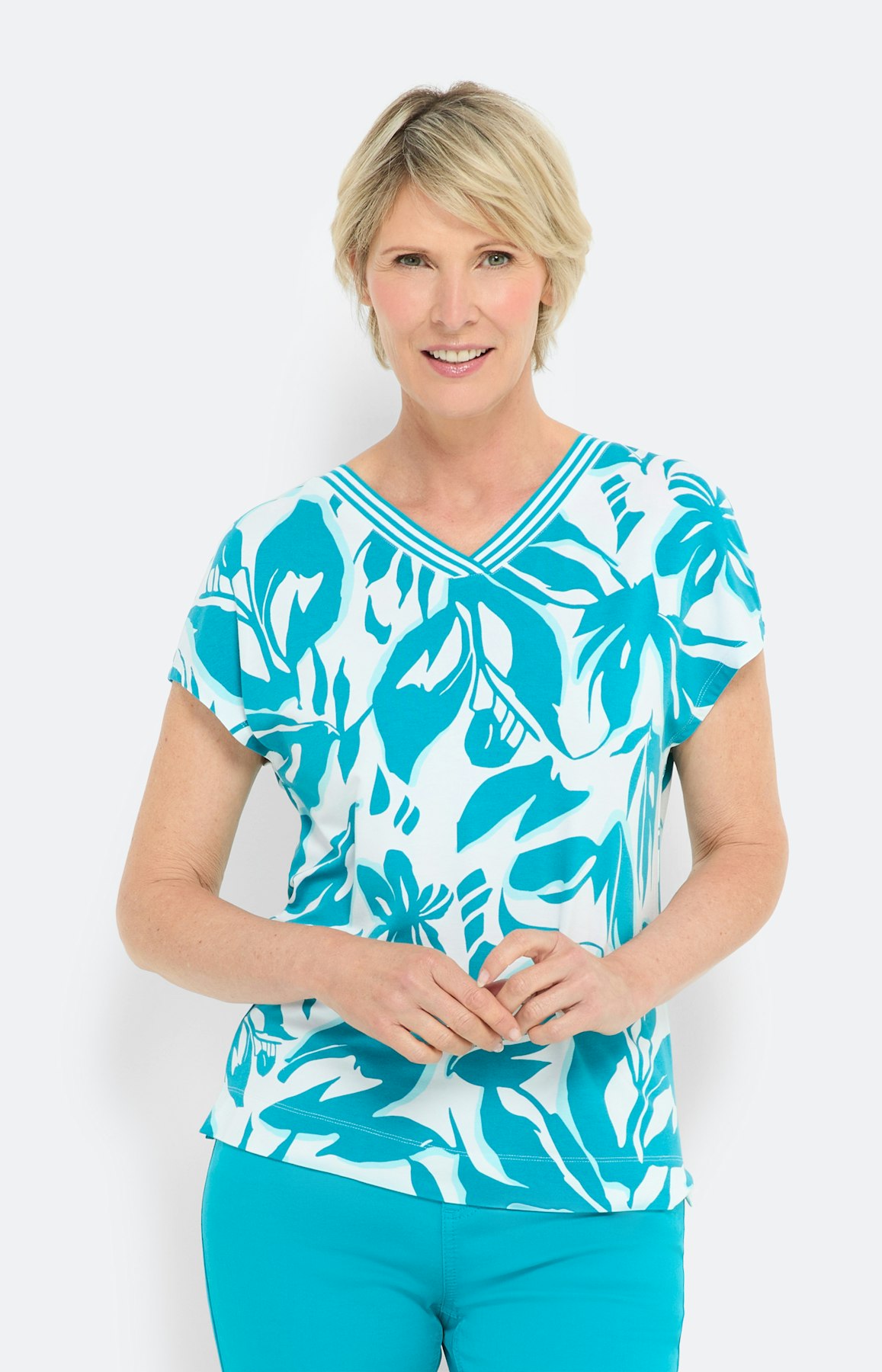 T-shirt met bloemenprint, aqua
