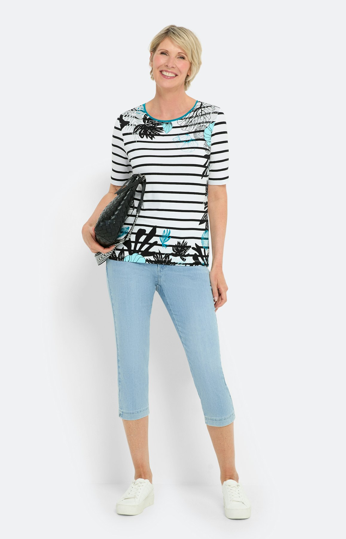 Streepen t-shirt met bloemen, aqua