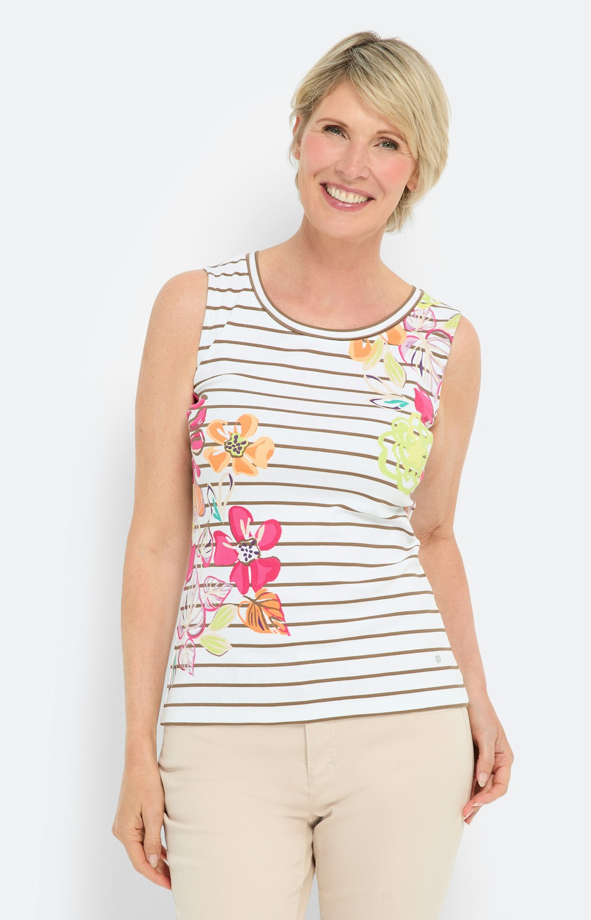 Streepen-top met bloemenprint, wit