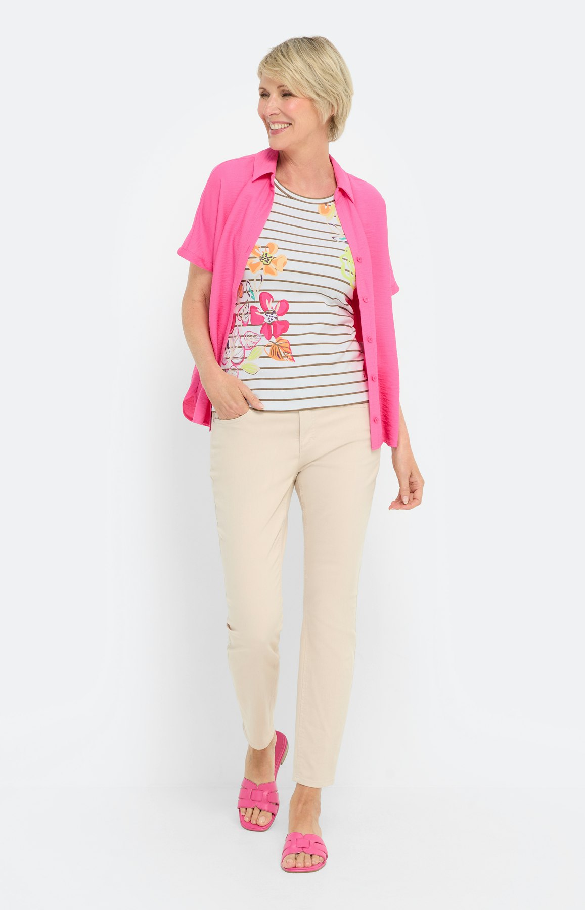 Streepen-top met bloemenprint, wit