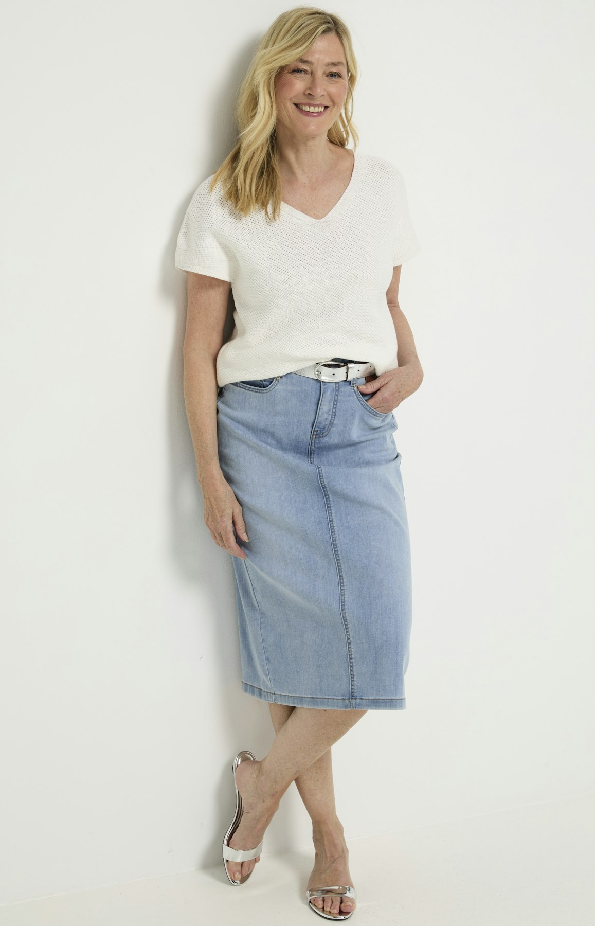 Trui met korte mouwen en V-hals, wit