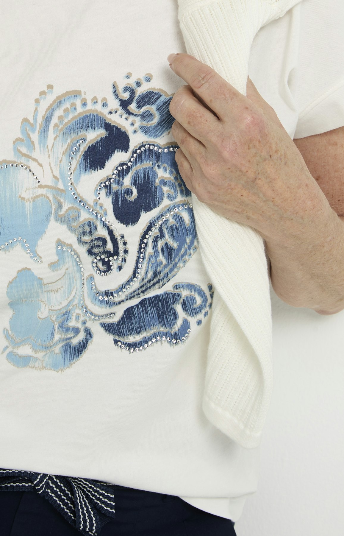 T-shirt met frontprint en strass, wit