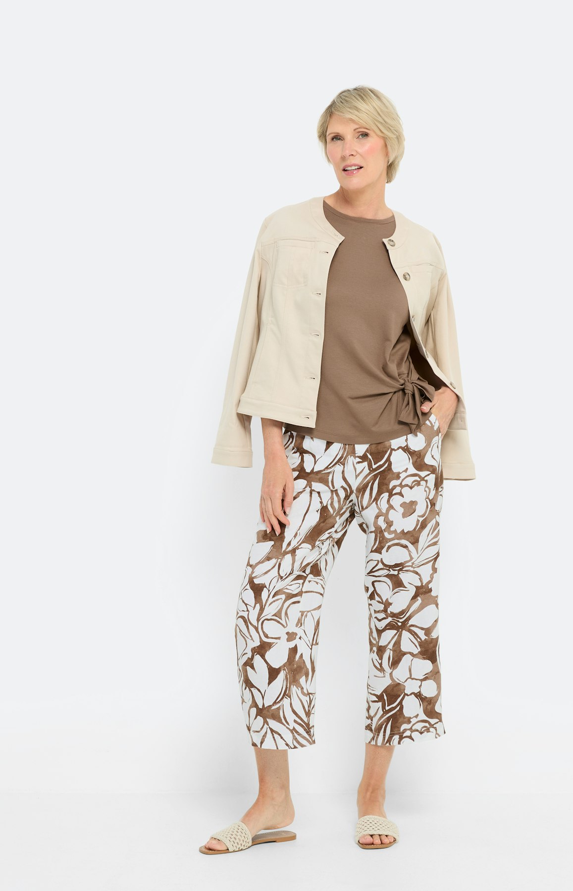 Linnenmix culotte met print, set, bruin