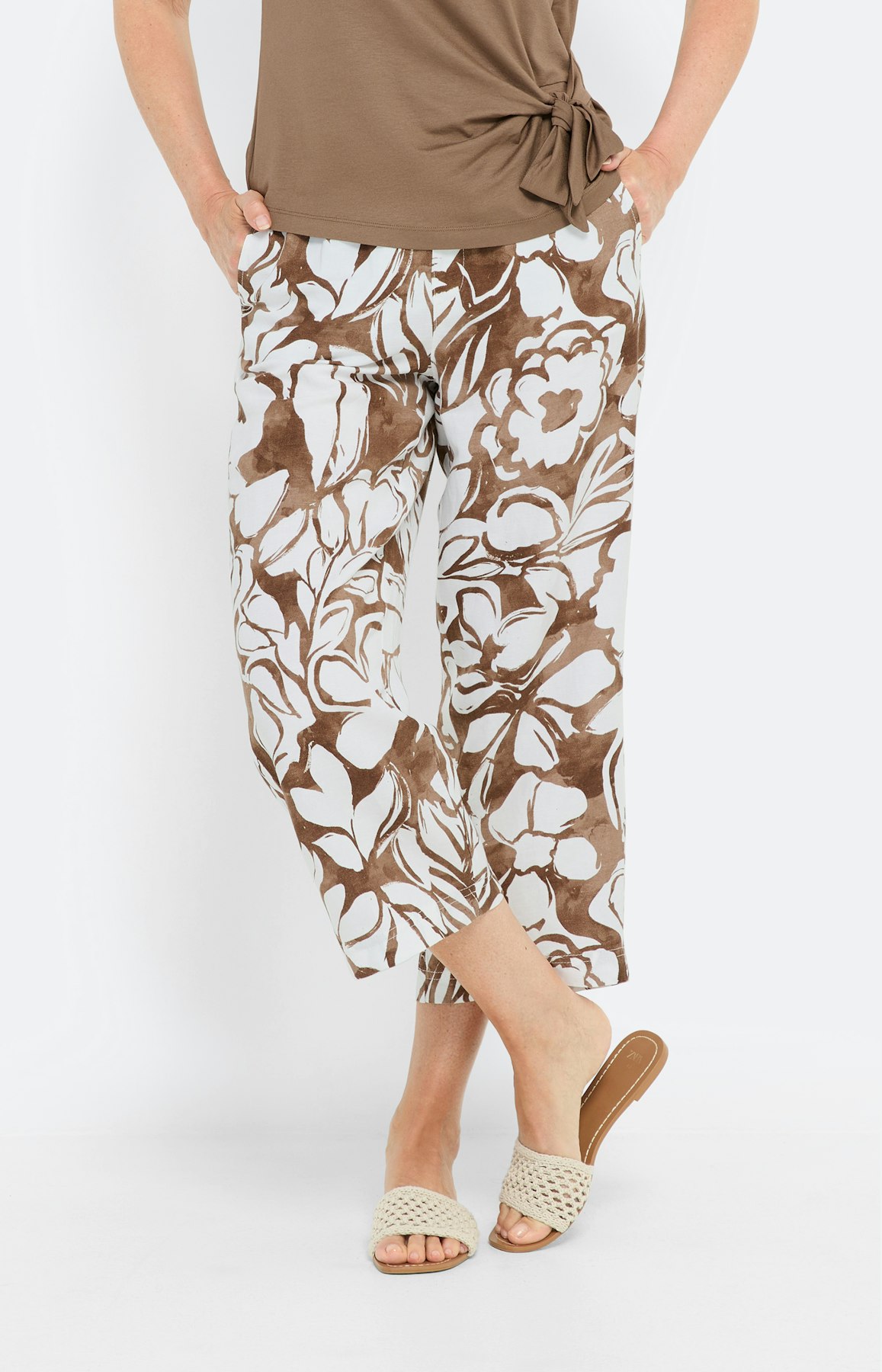 Linnenmix culotte met print, set, bruin