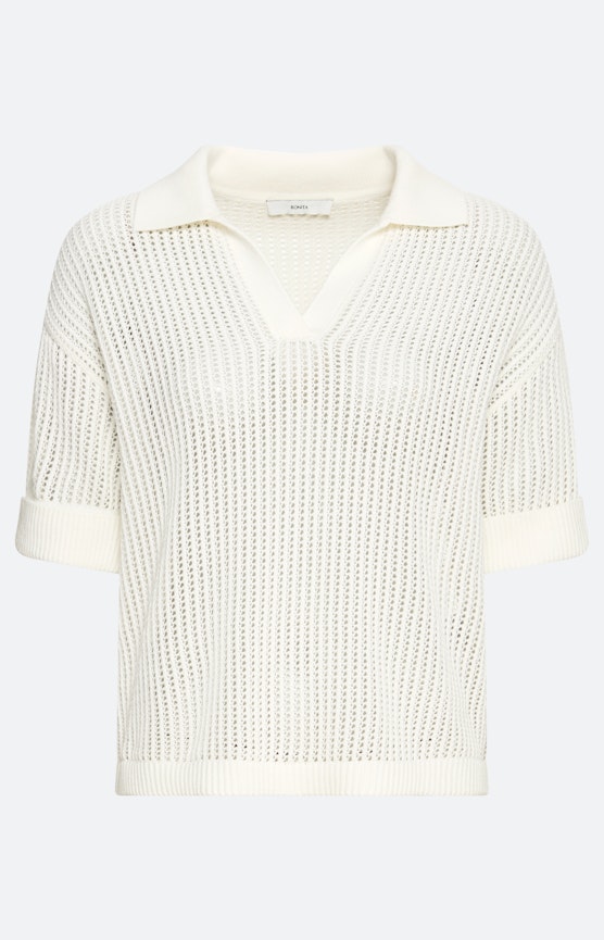 Ajour Strick- Poloshirt, weiß