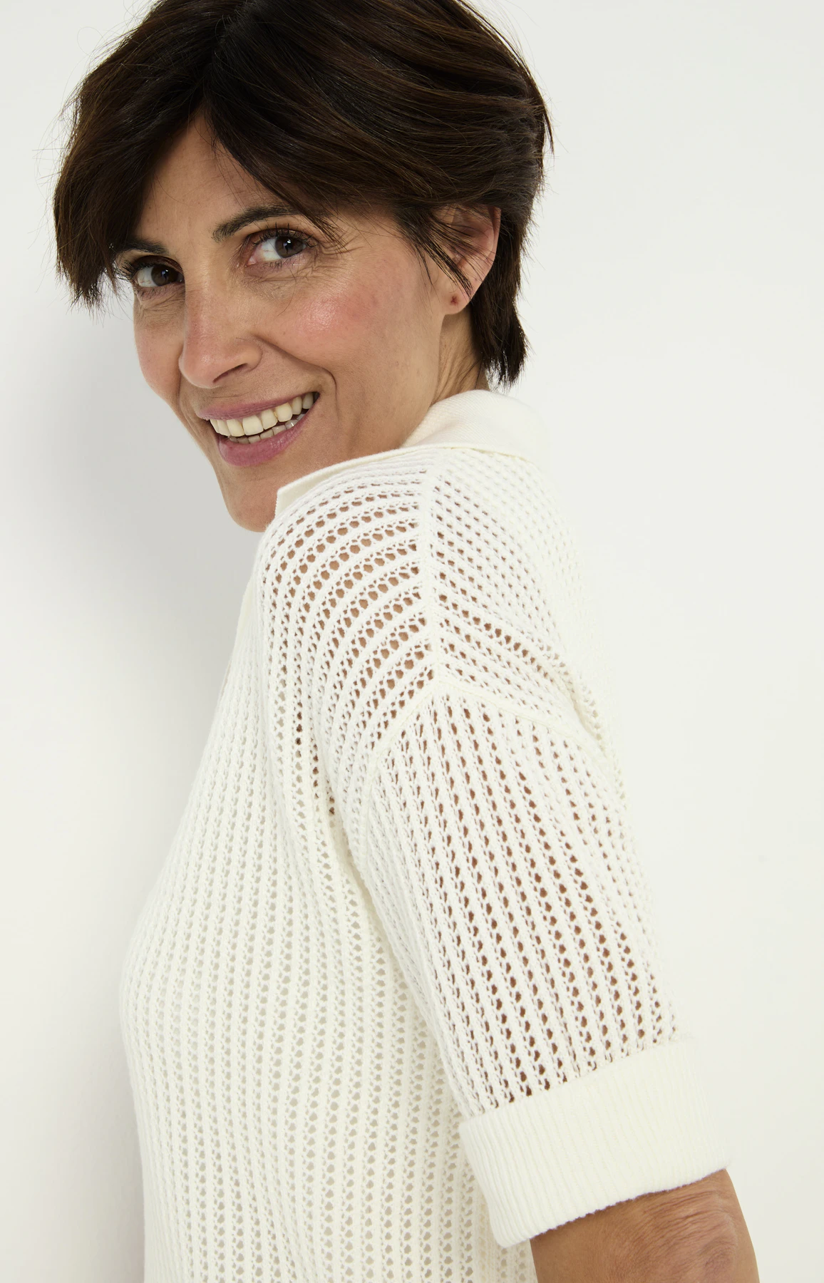 Ajour knit poloshirt, wit