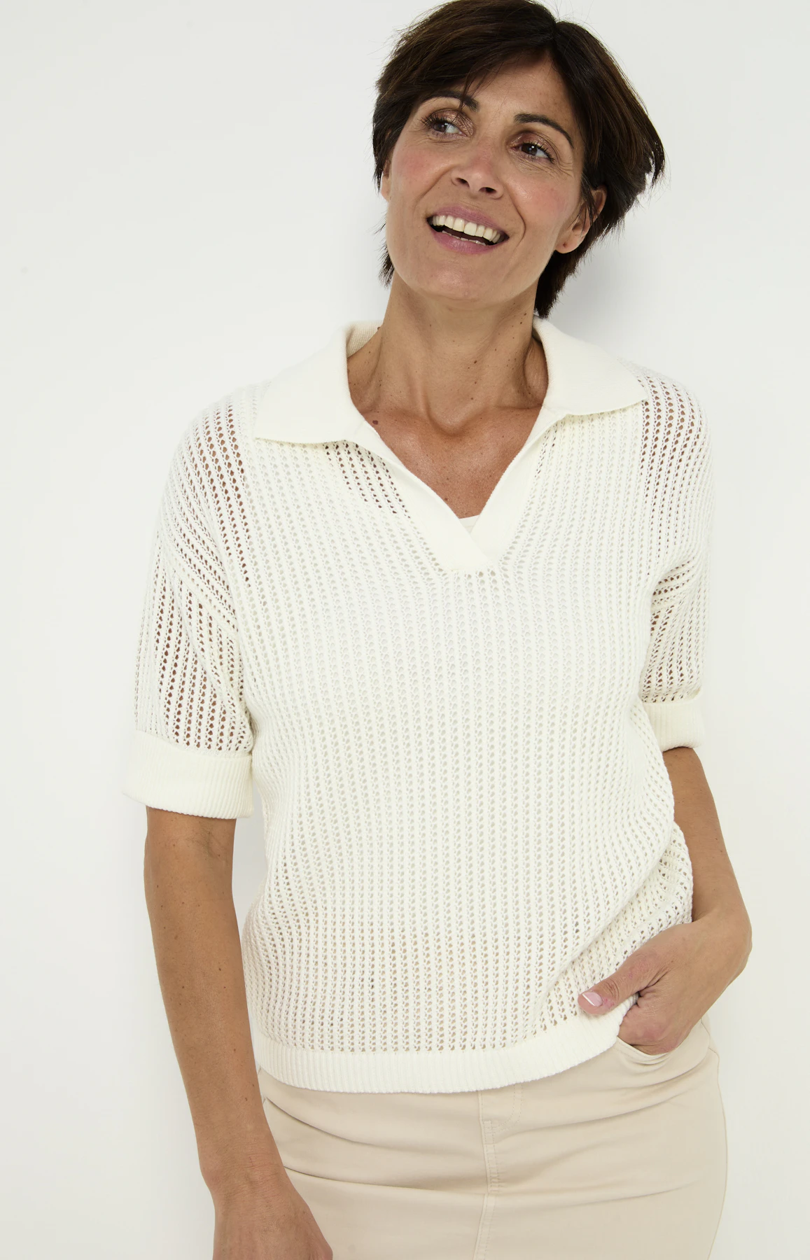 Ajour knit poloshirt, wit