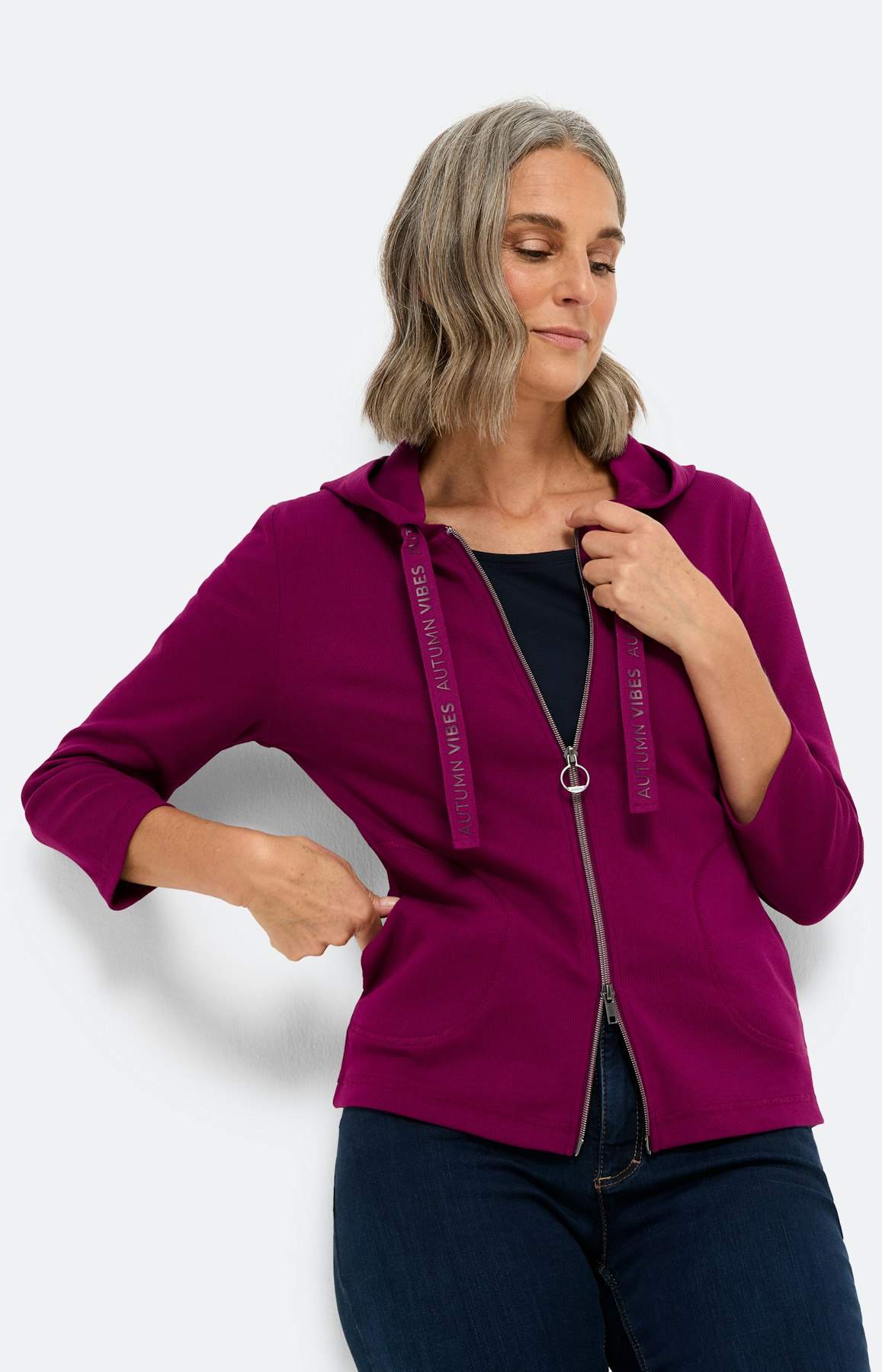 Geribd sweatvest met een rits, fuchsia