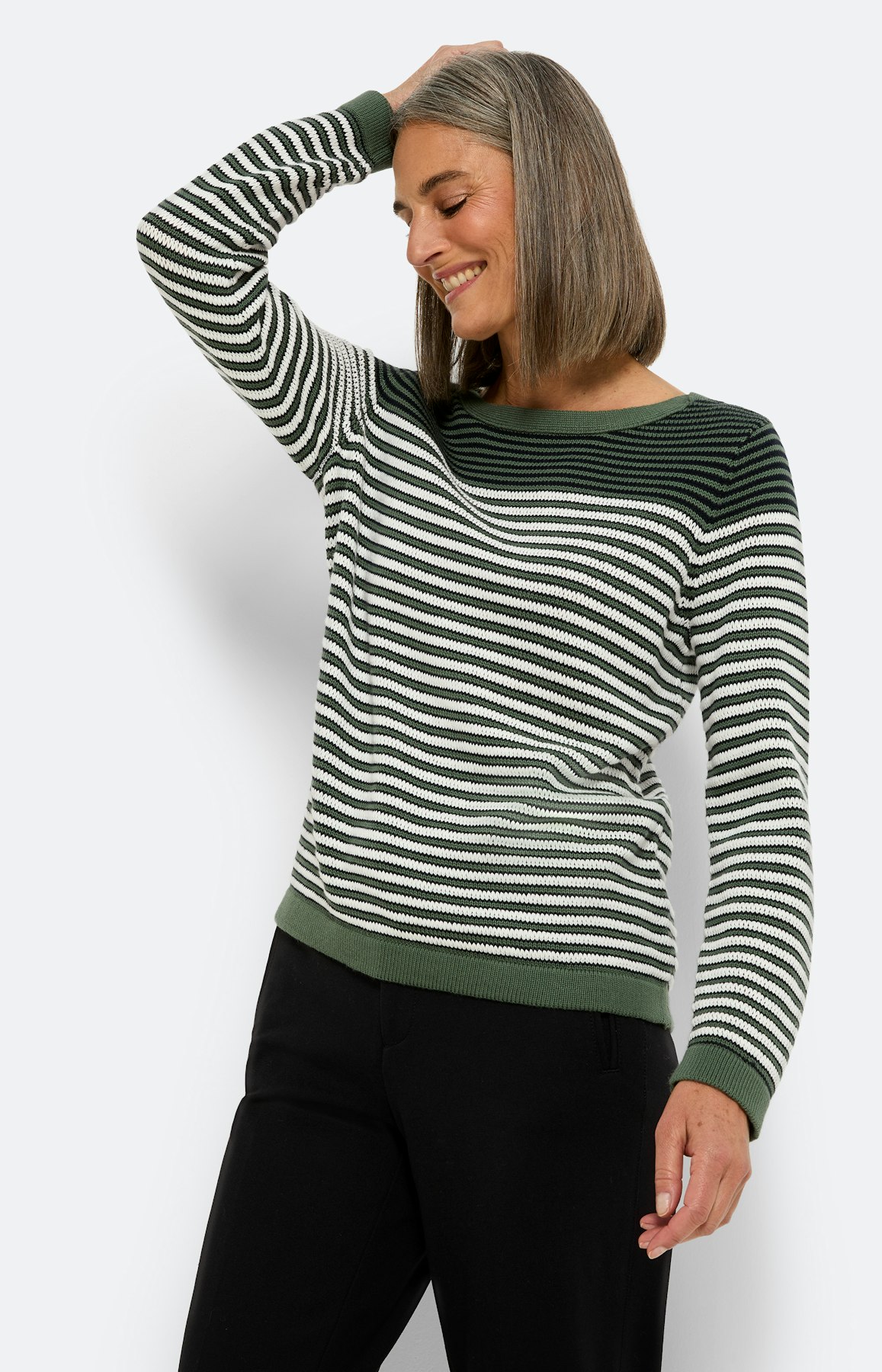 Gestreepte gebreide trui, groen marine