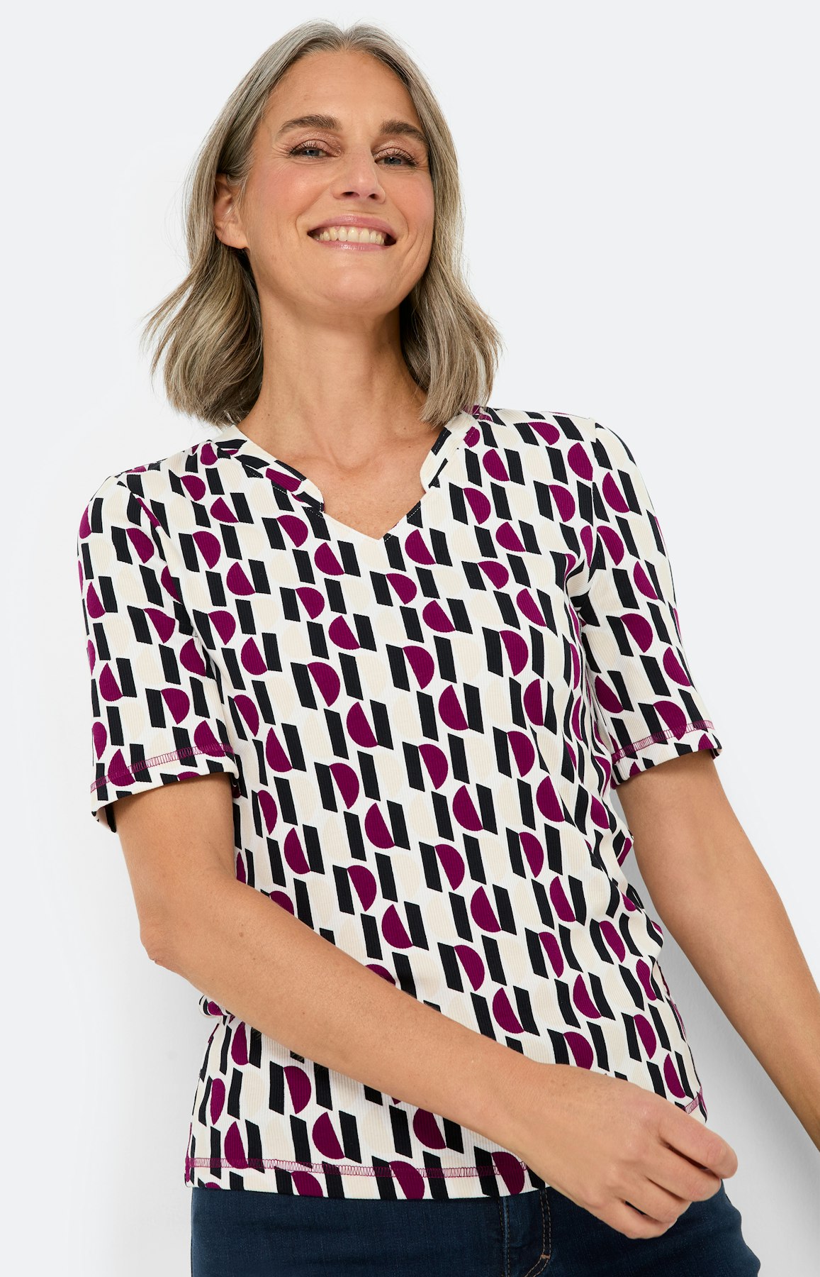 Geribd shirt met grafisch motief, wit