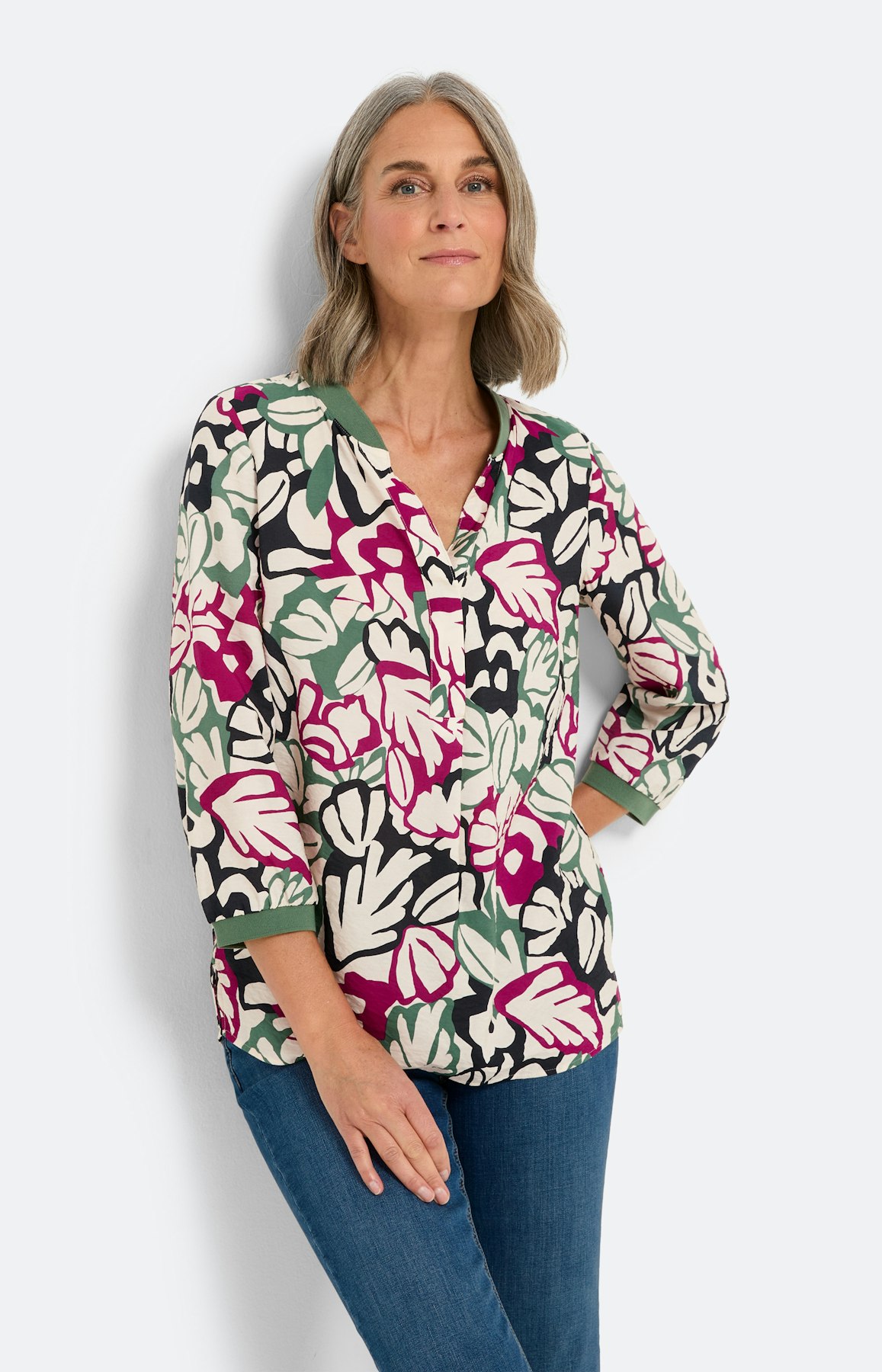 Botanisch gedessineerde blouse, bont