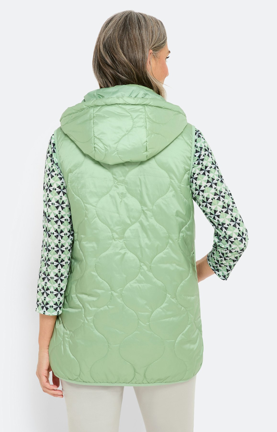 Wijde bodywarmer met capuchon in mint