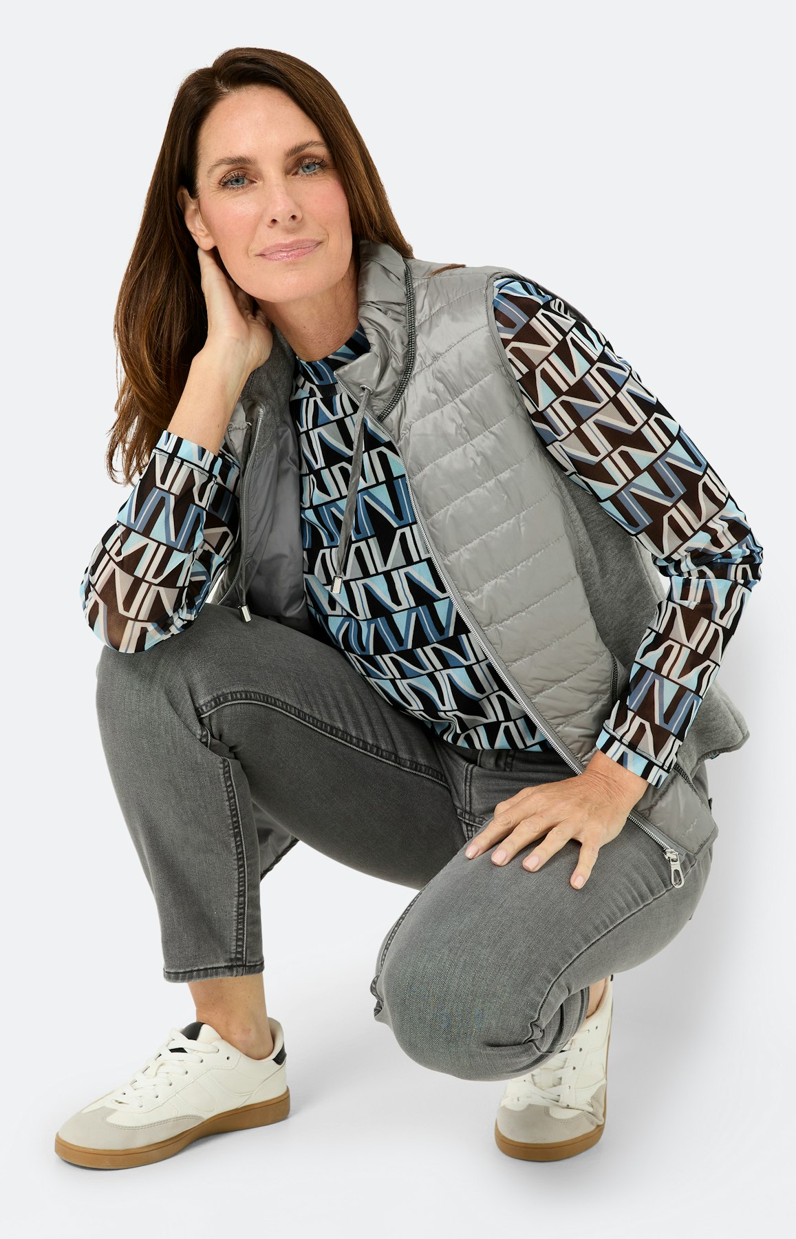 Mesh-shirt met lange mouw & print, blauw