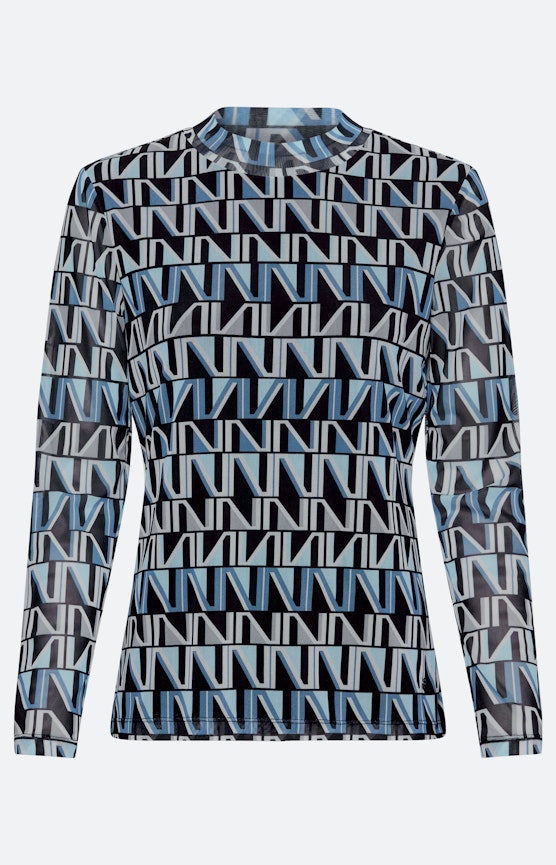 Mesh-shirt met lange mouw & print, blauw