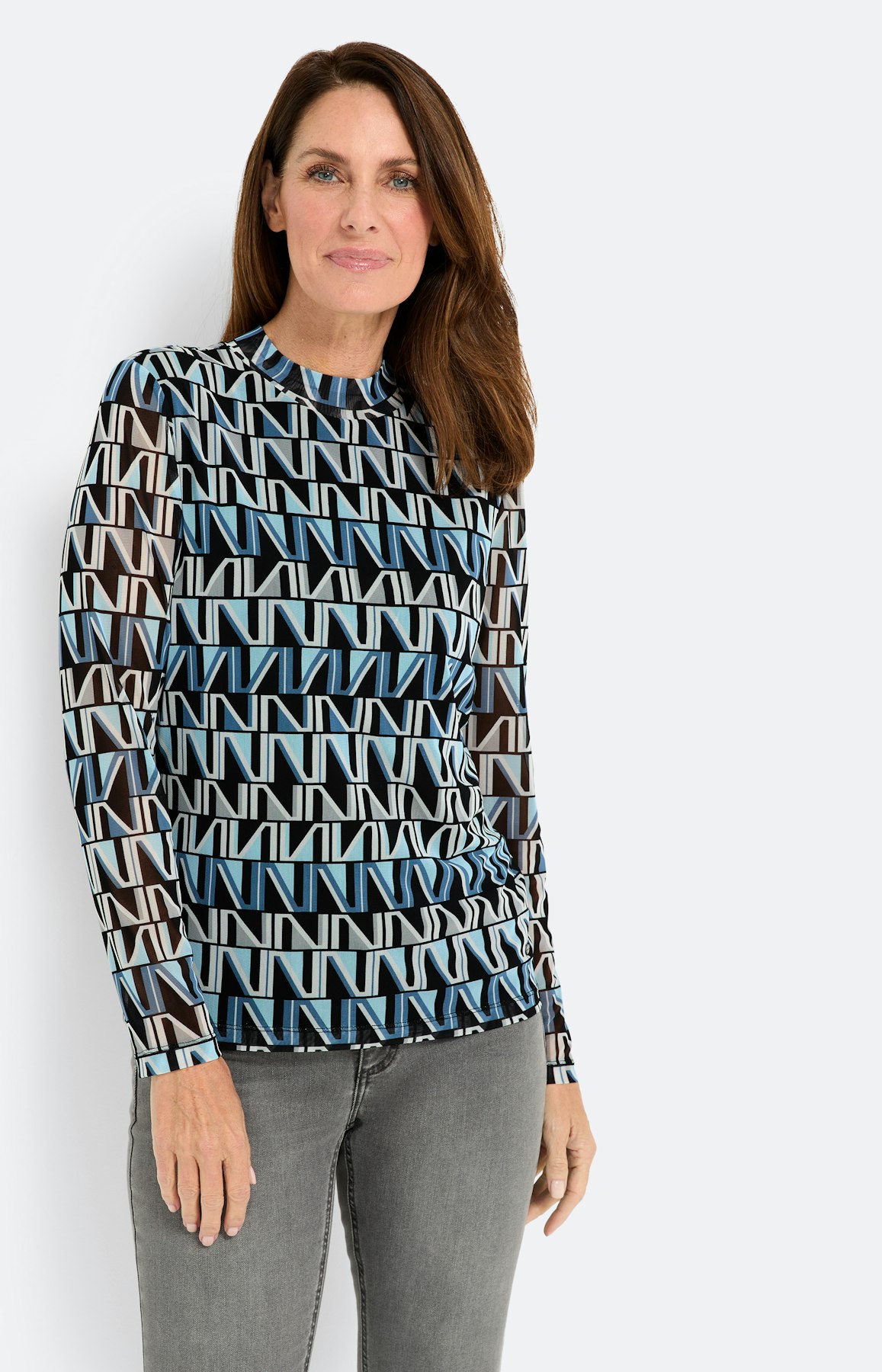 Mesh-shirt met lange mouw & print, blauw