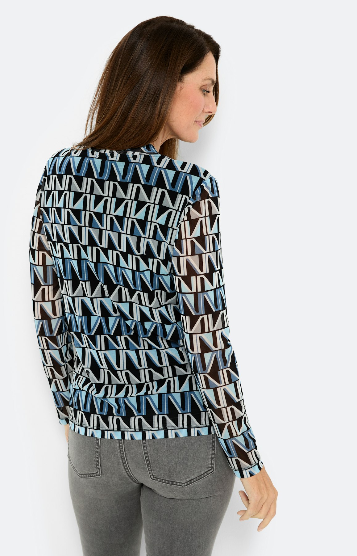 Mesh-shirt met lange mouw & print, blauw