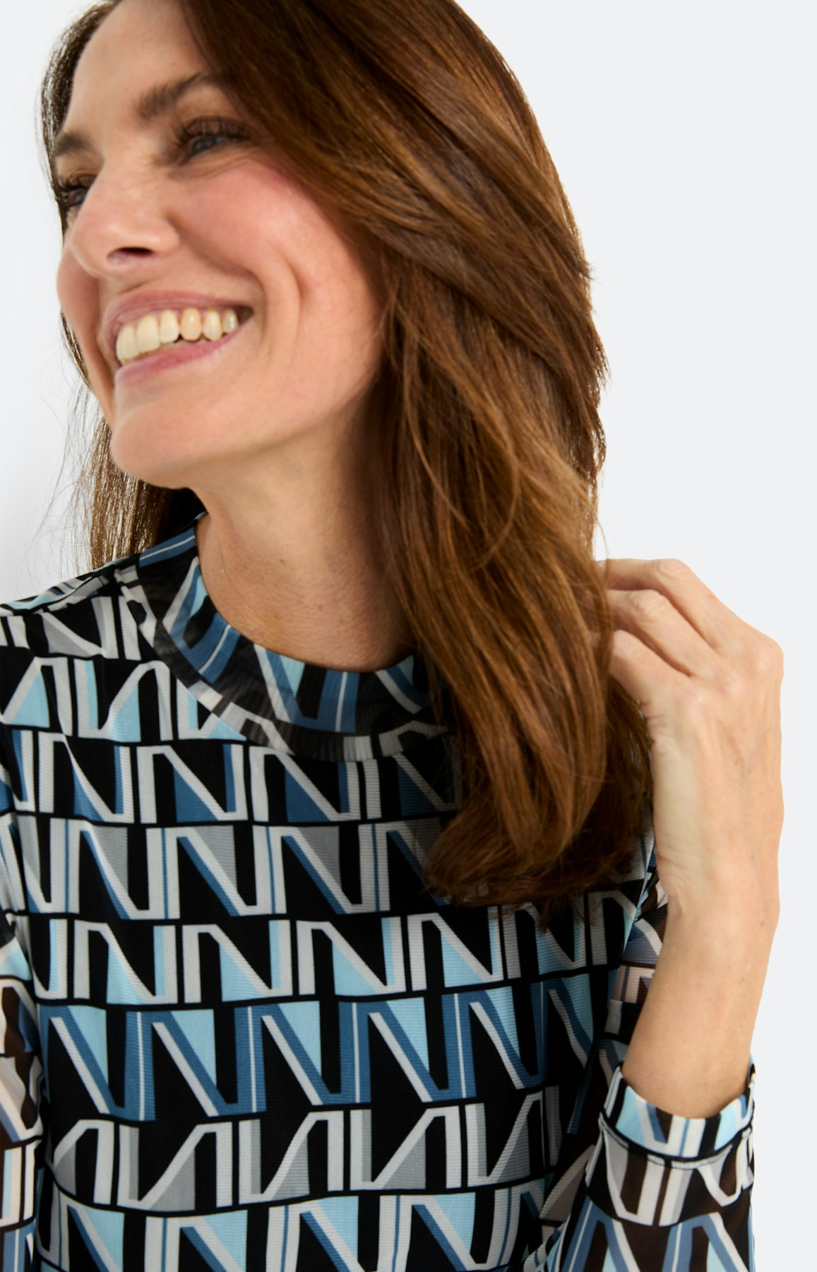 Mesh-shirt met lange mouw & print, blauw
