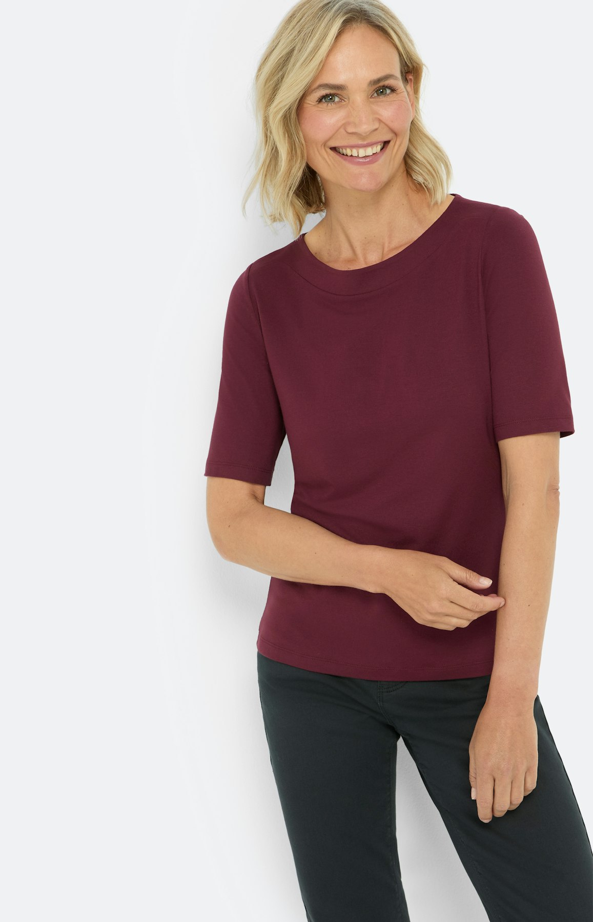 T-shirt met boothals, bourgondië