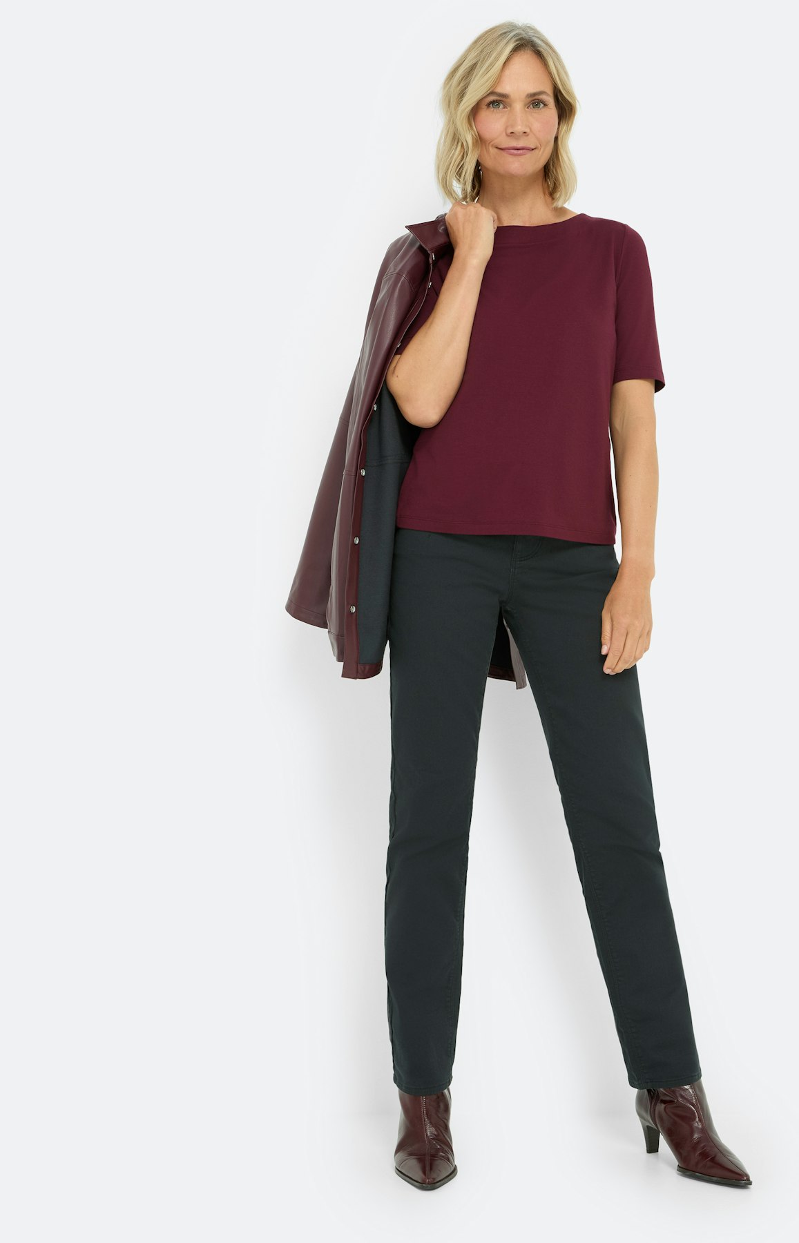 T-shirt met boothals, bourgondië