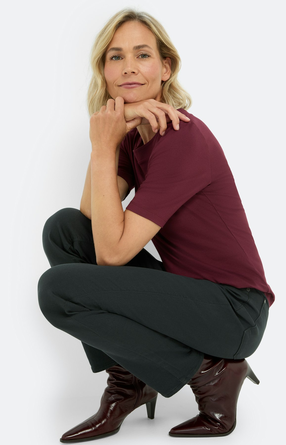 T-shirt met boothals, bourgondië