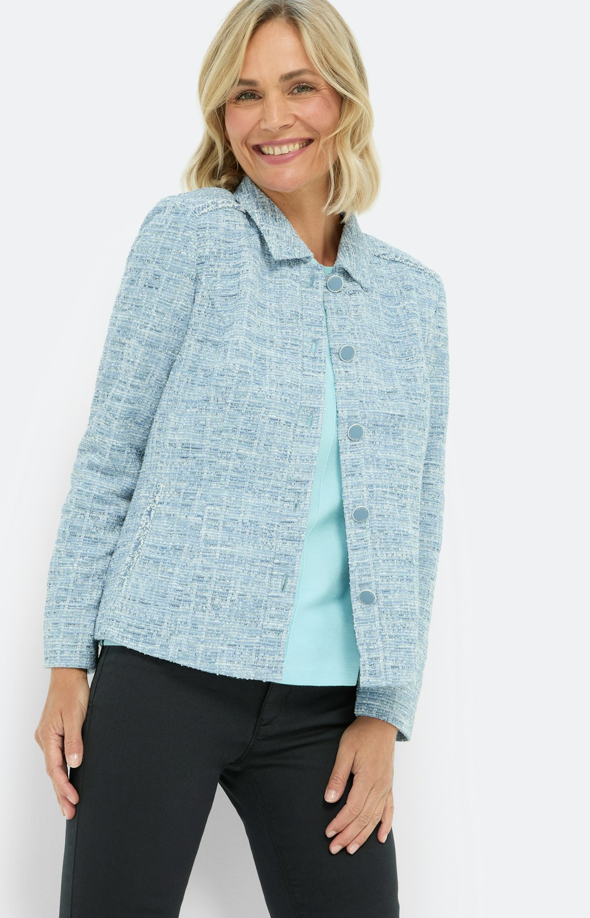 Boucléblazer met knopenlijst, lichtblauw