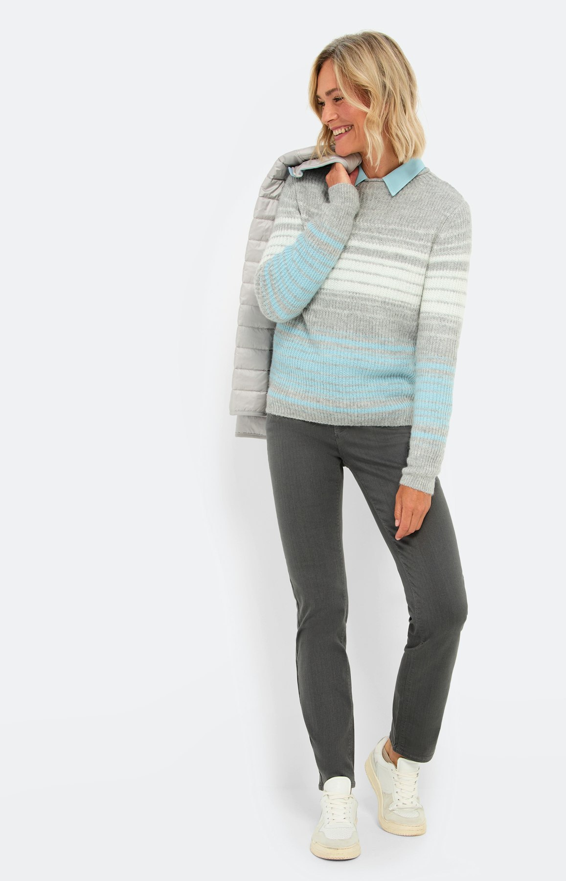 Gestreepte trui met ronde hals, grijs