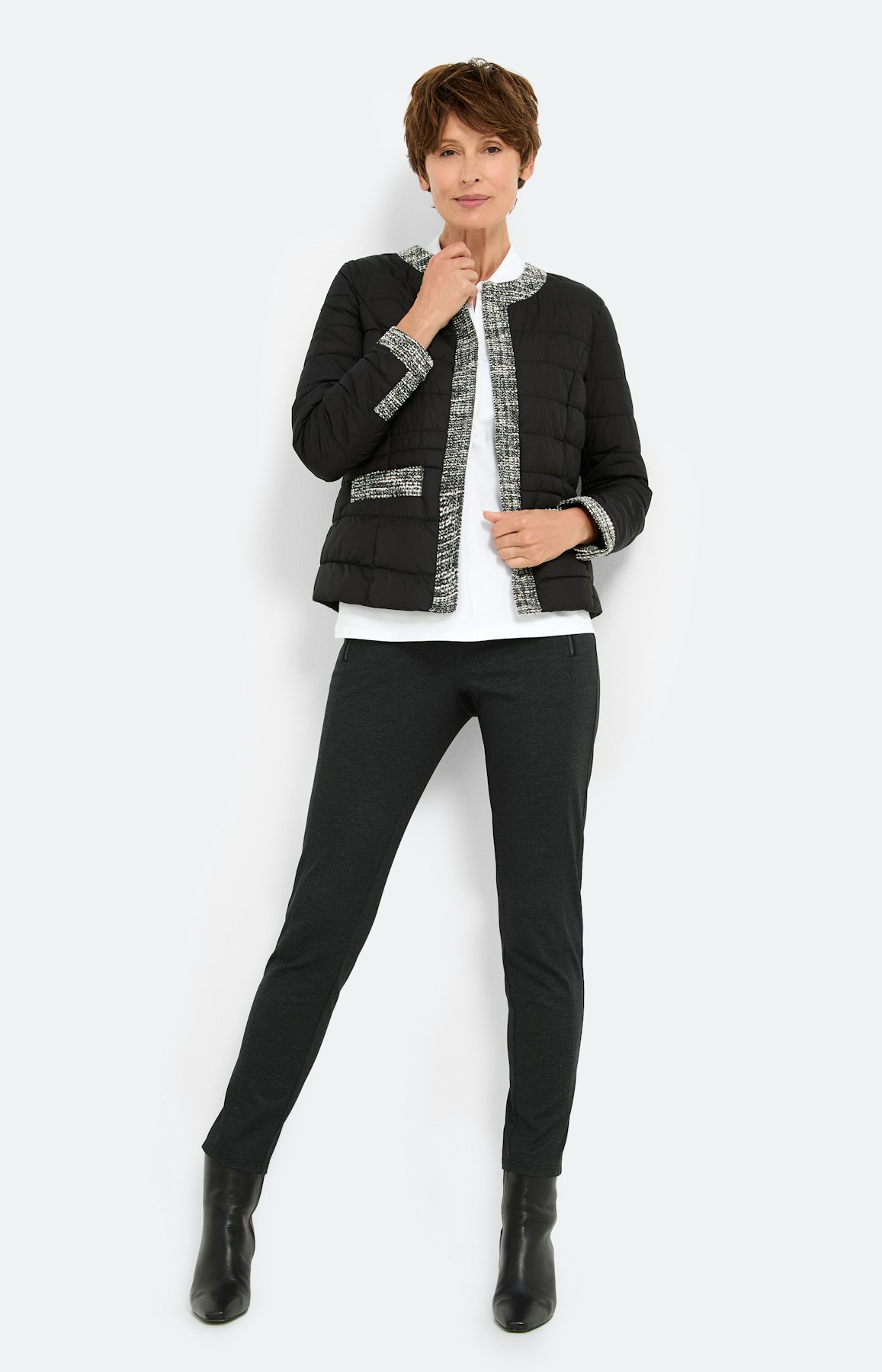 Gewatteerde jas met tweed-details, zwart