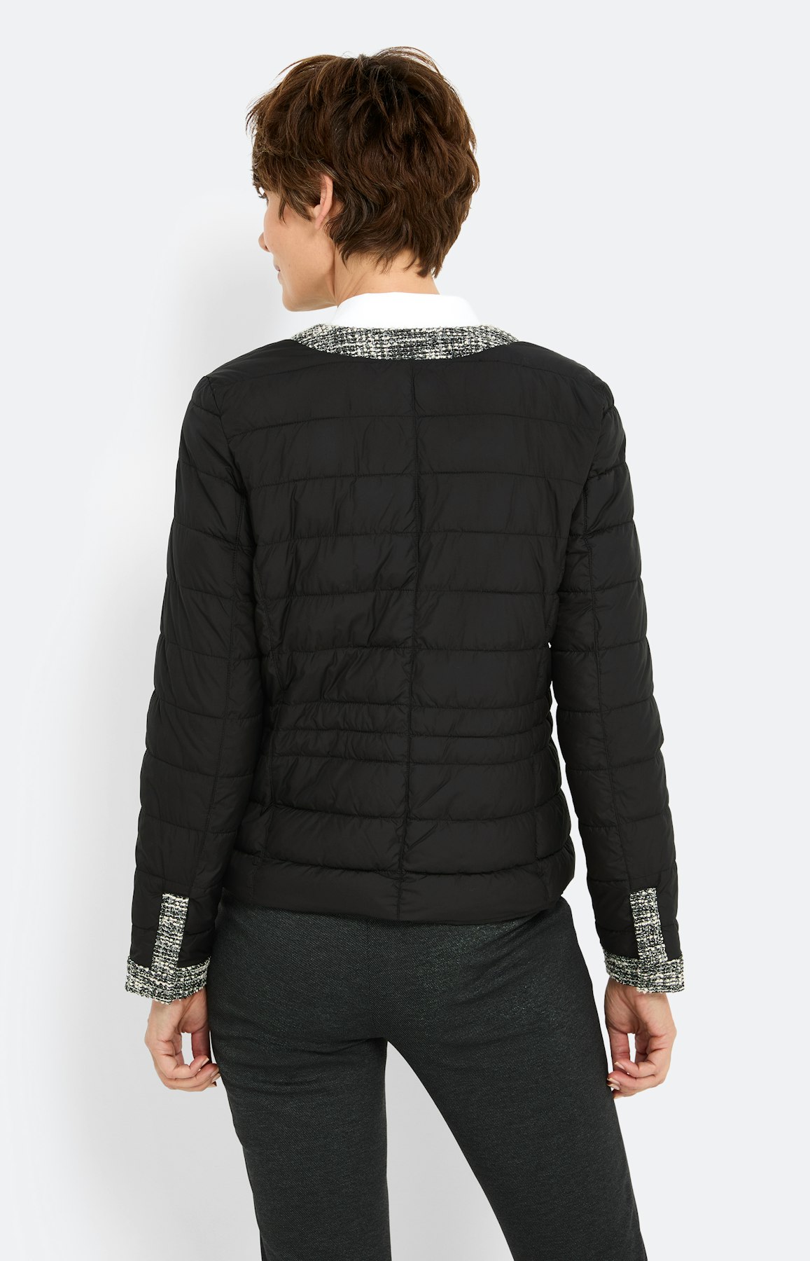 Gewatteerde jas met tweed-details, zwart