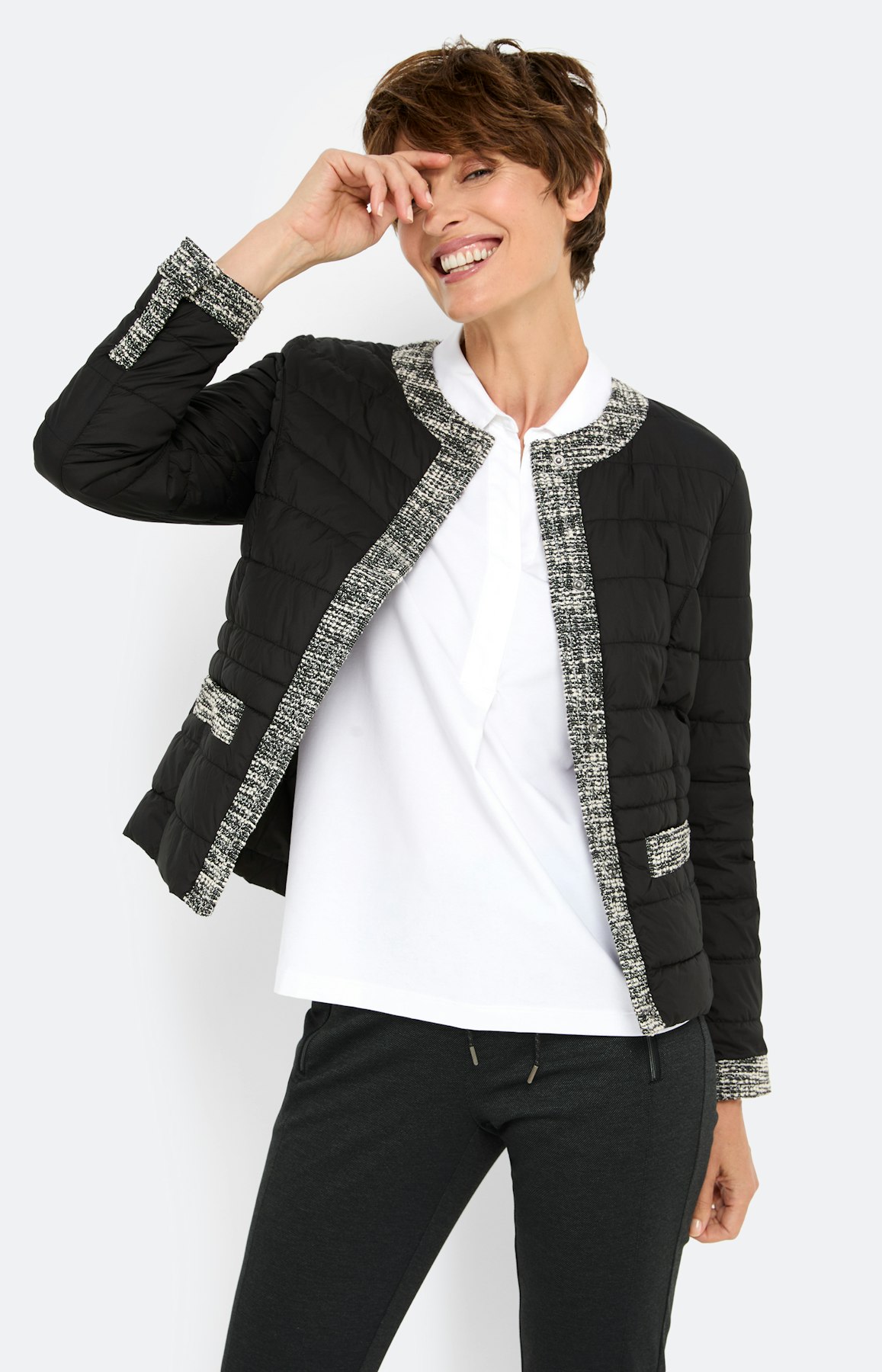 Gewatteerde jas met tweed-details, zwart